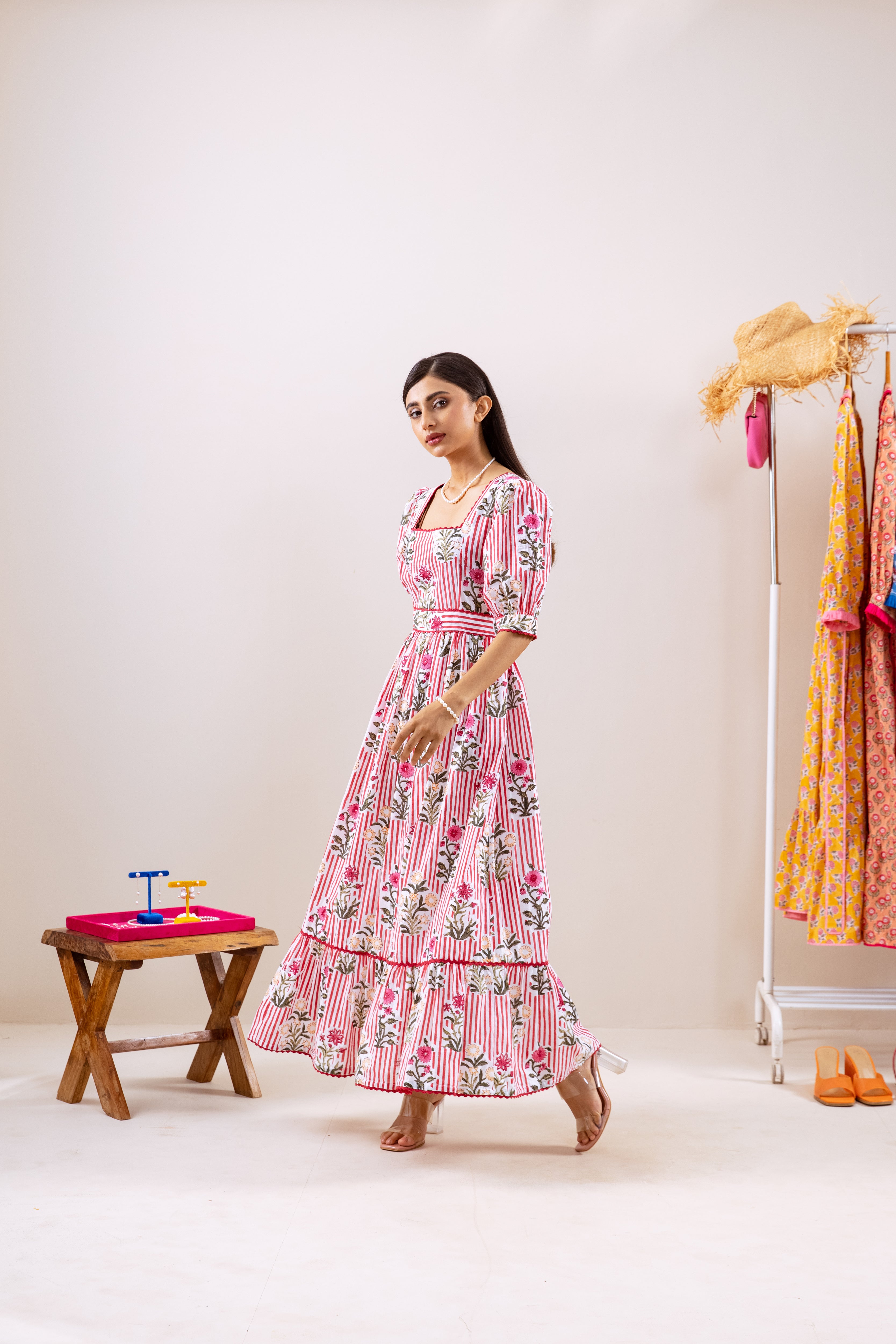 Red stripe & motif dress