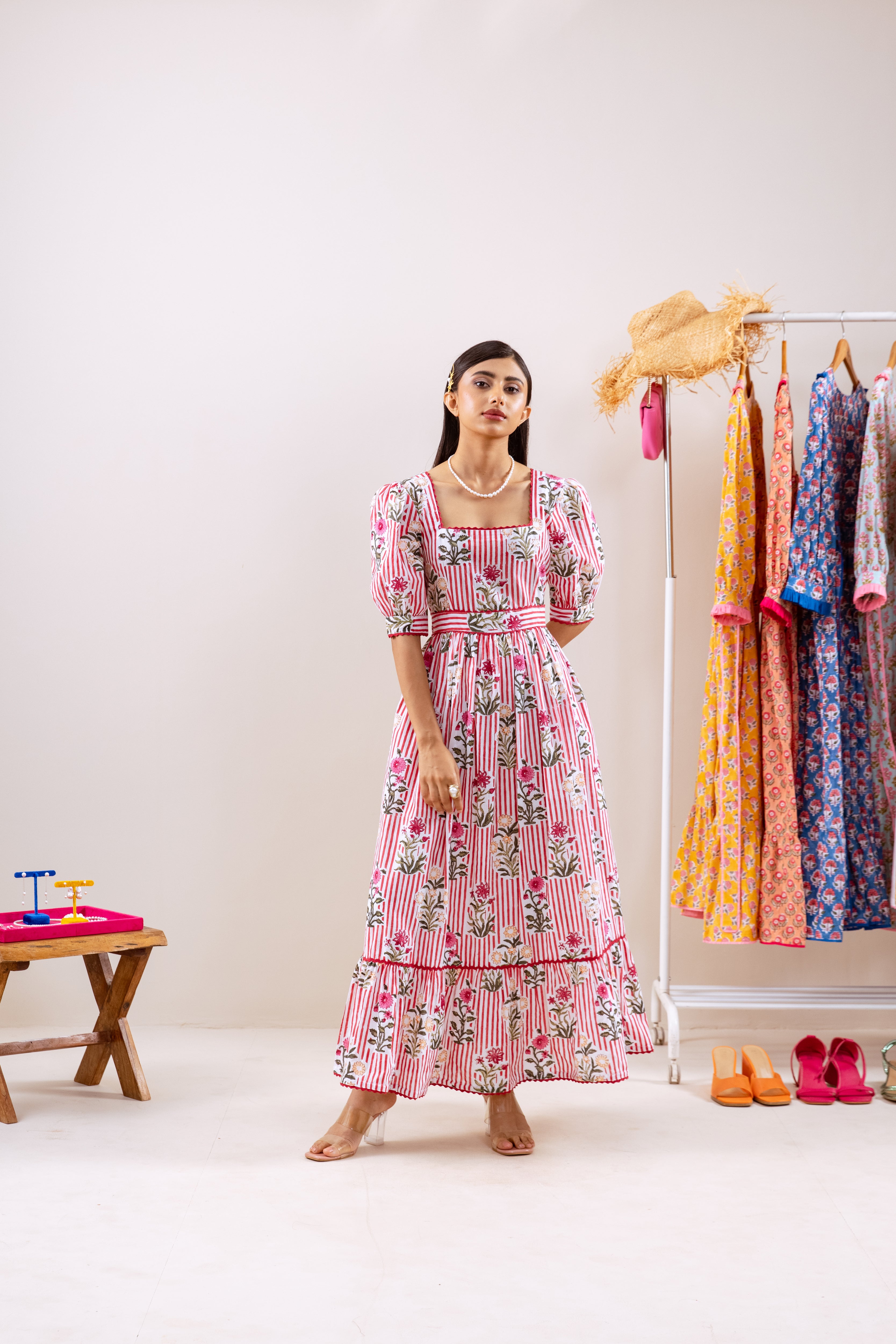 Red stripe & motif dress