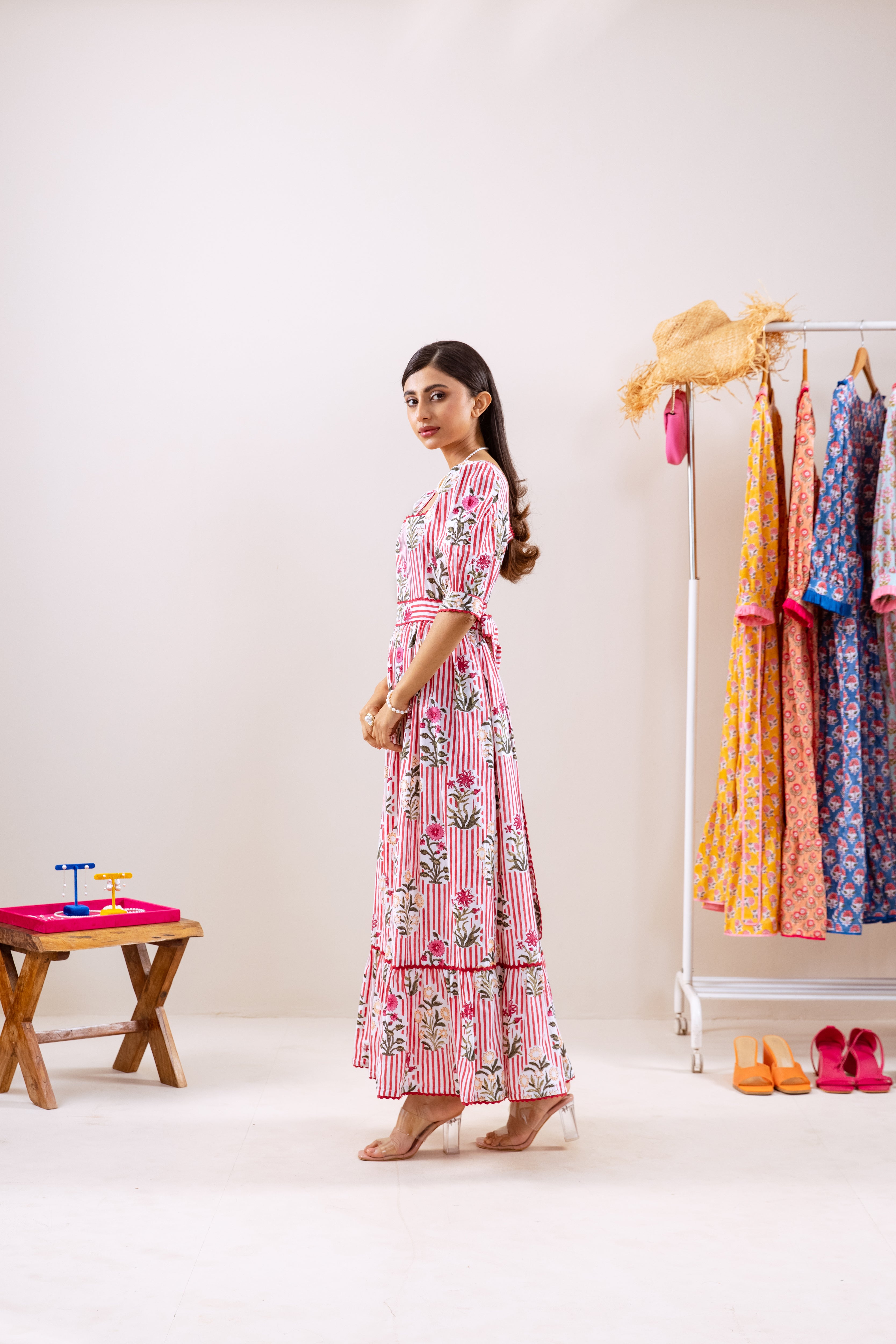 Red stripe & motif dress