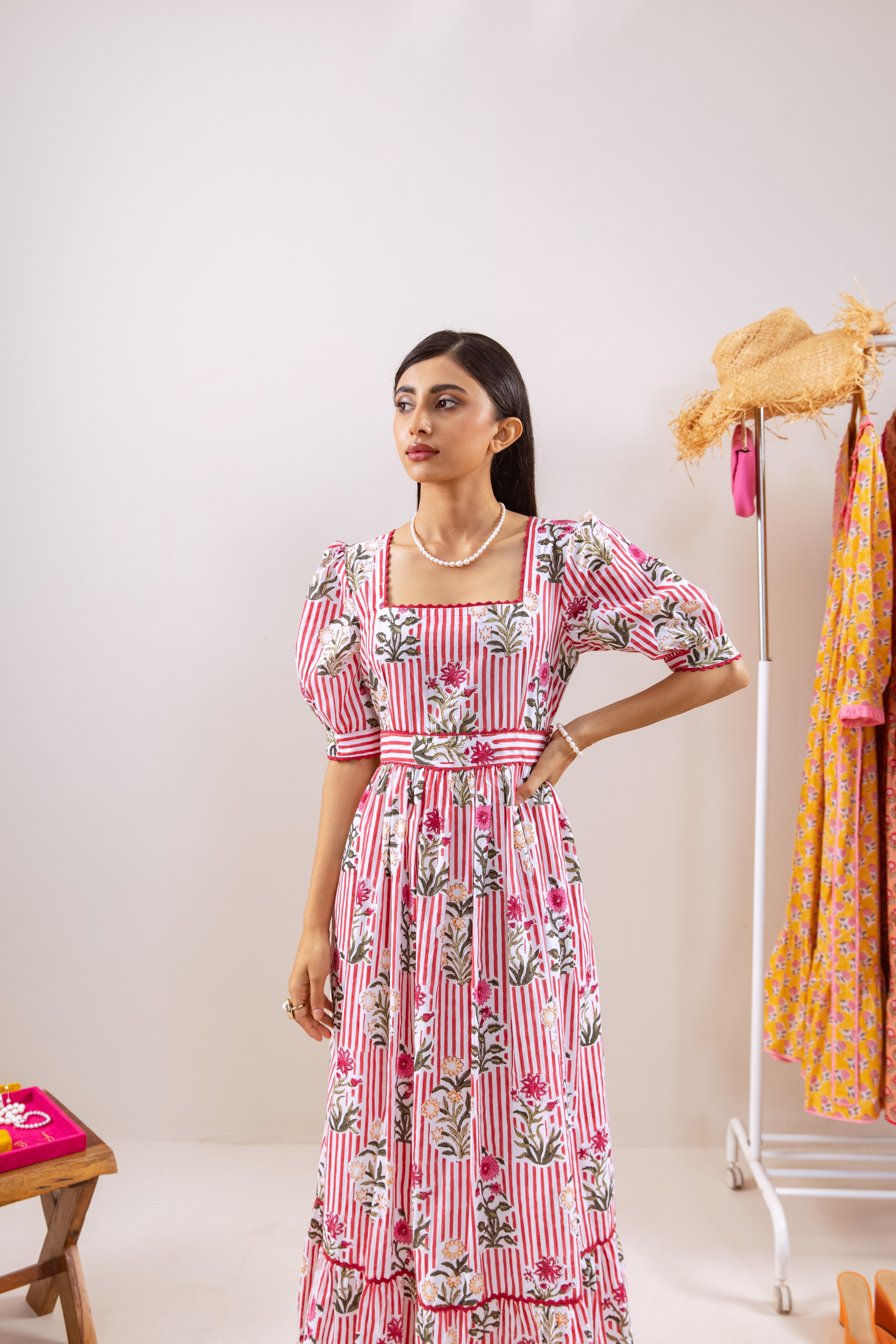 Red stripe & motif dress