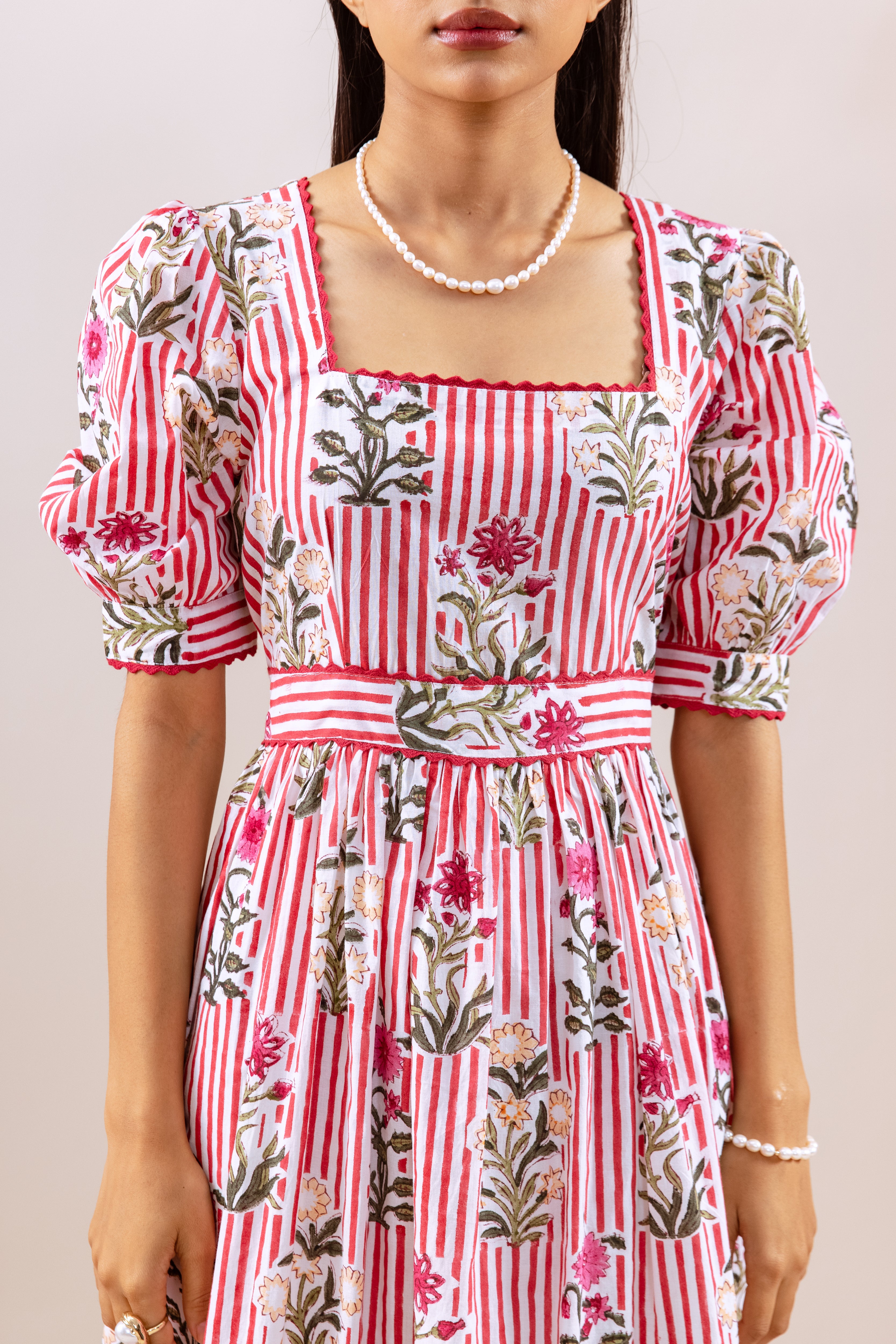 Red stripe & motif dress