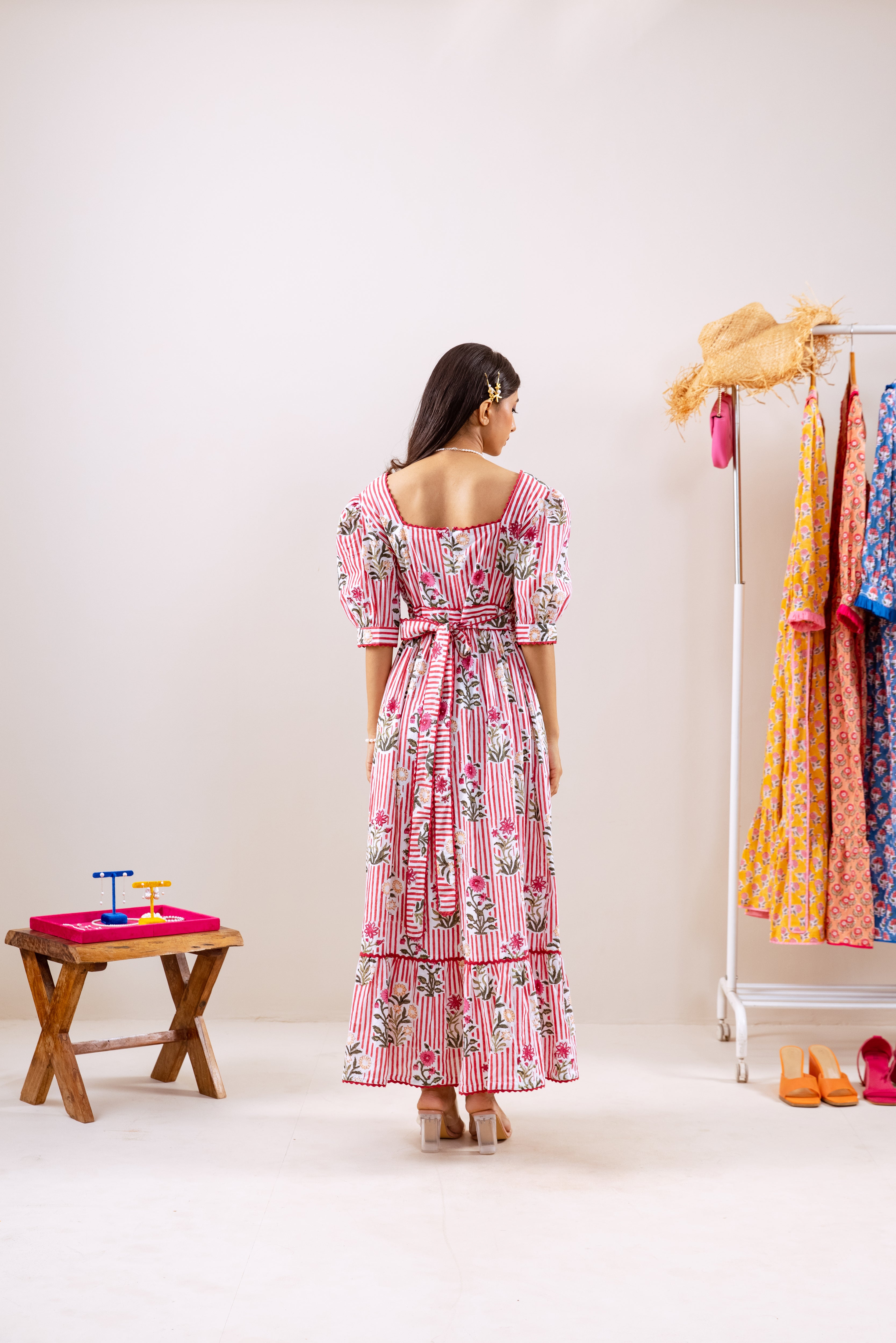 Red stripe & motif dress