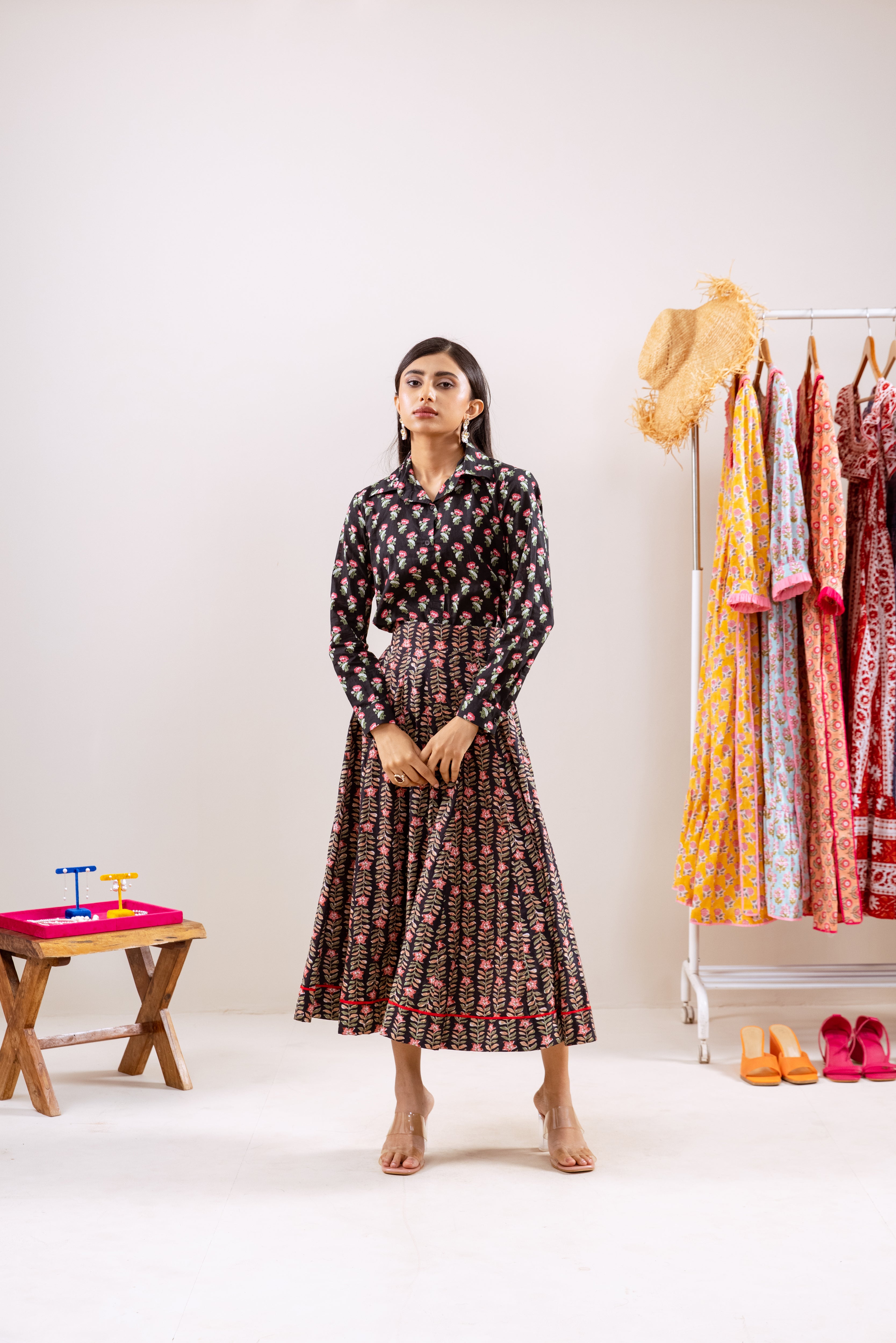 Black floral skirt set