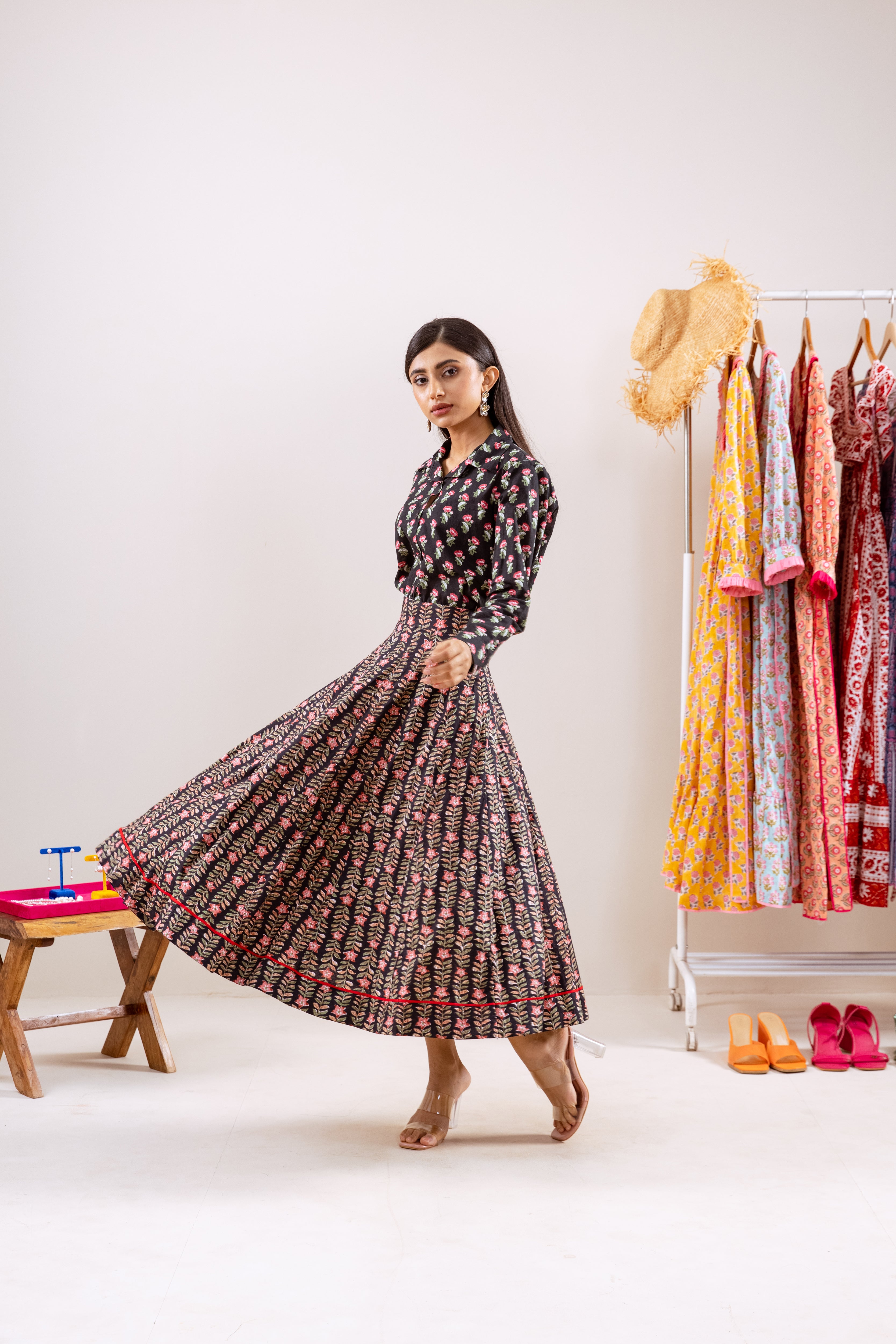 Black floral skirt set