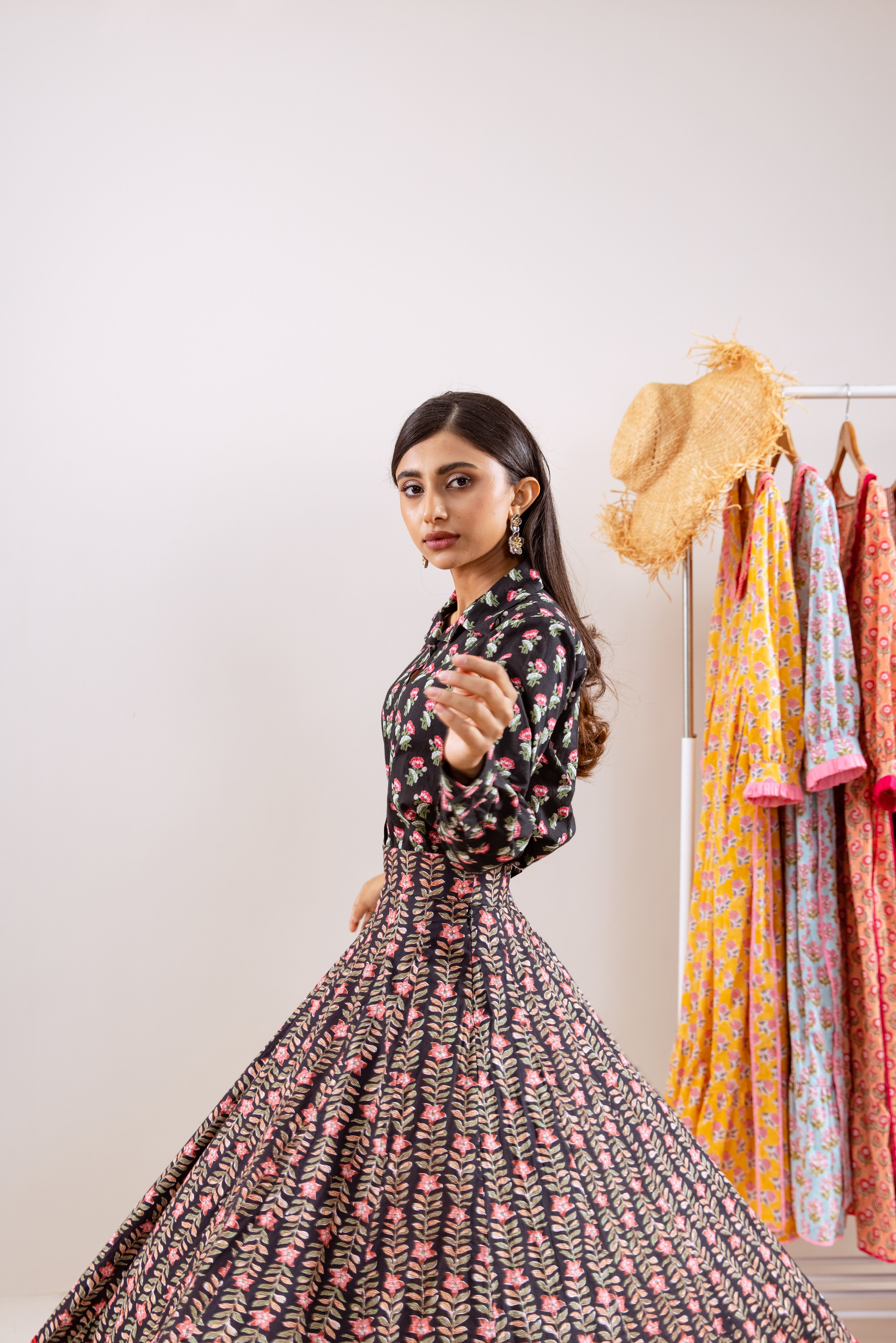 Black floral skirt set