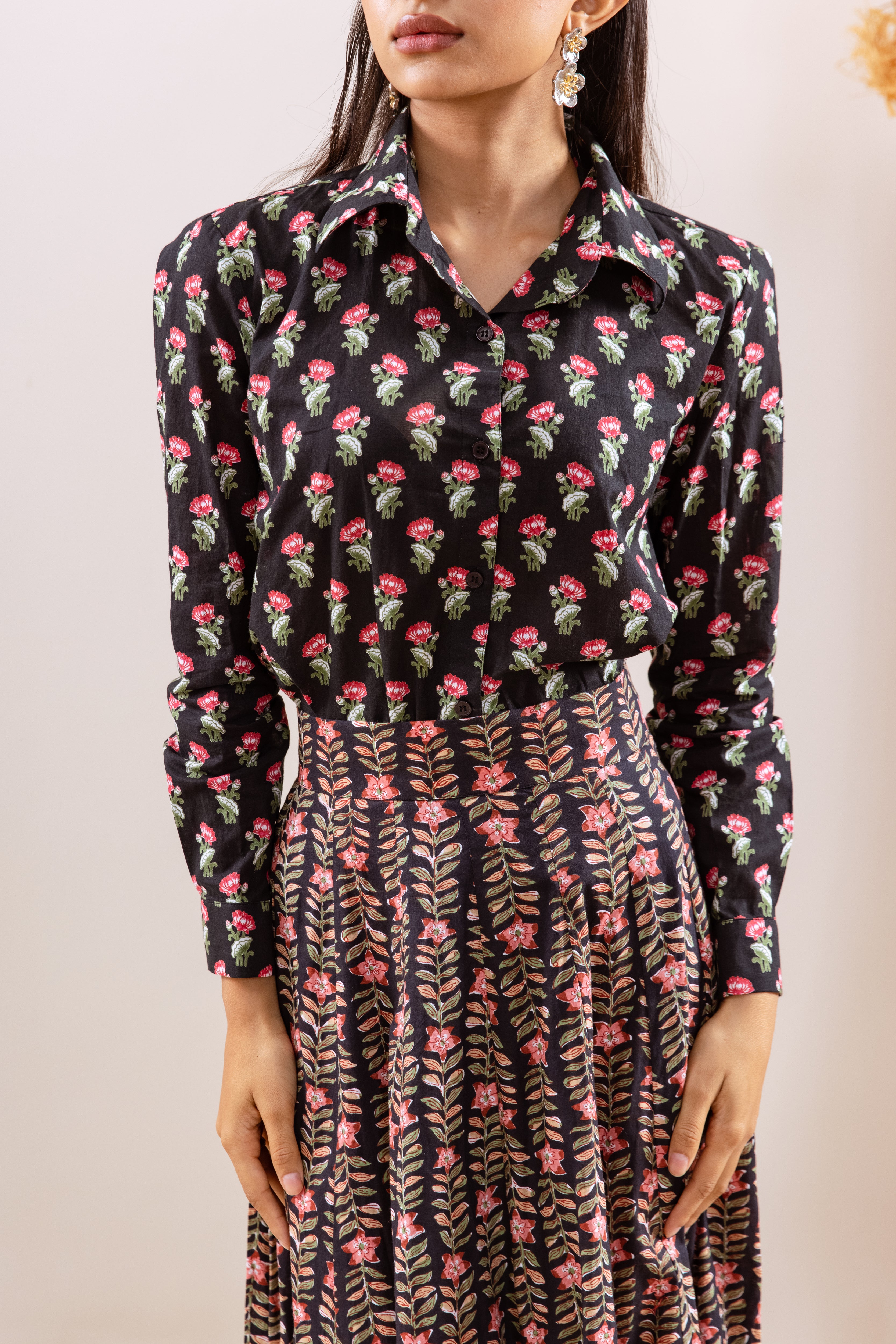 Black floral skirt set