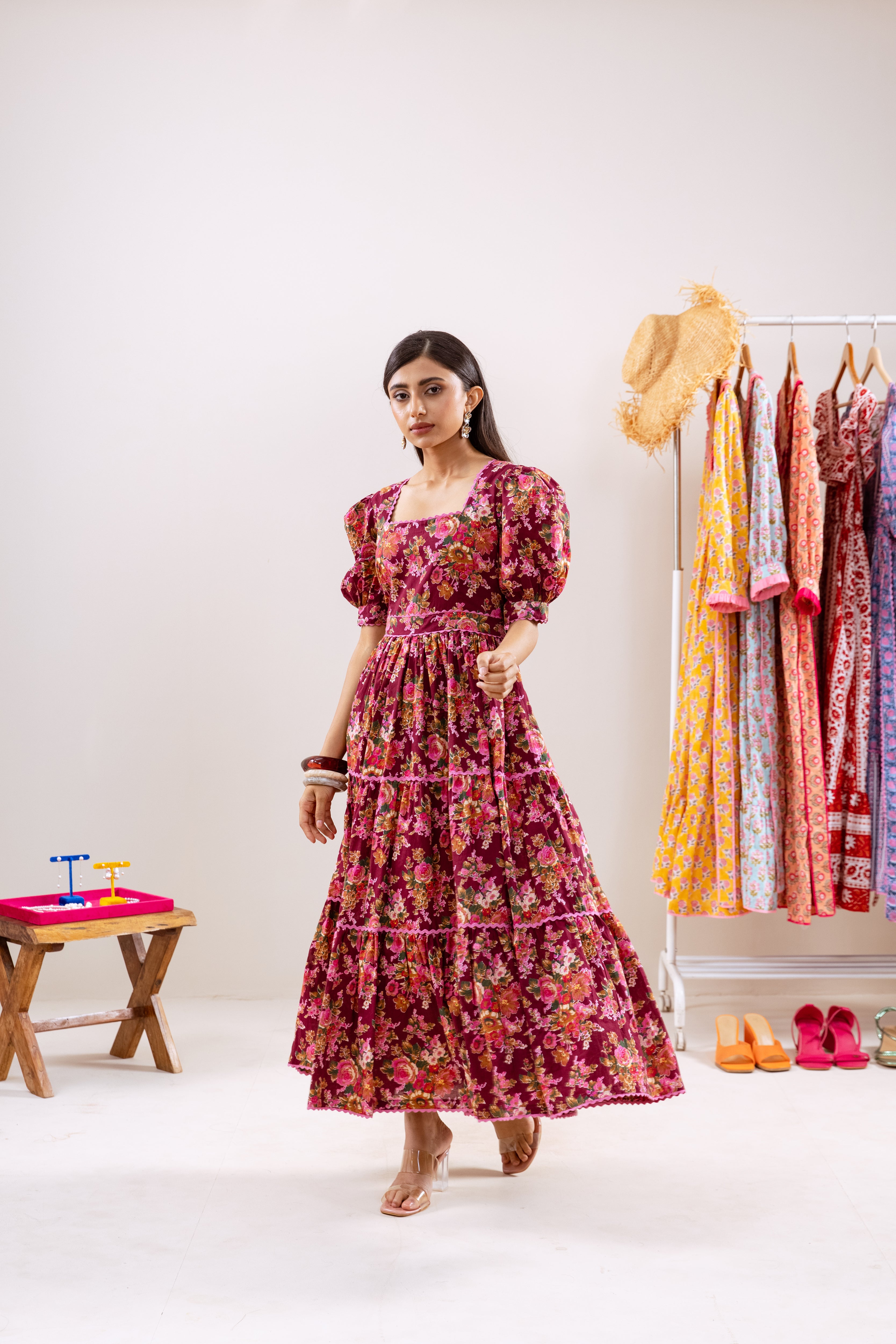 Maroon floral frill dress