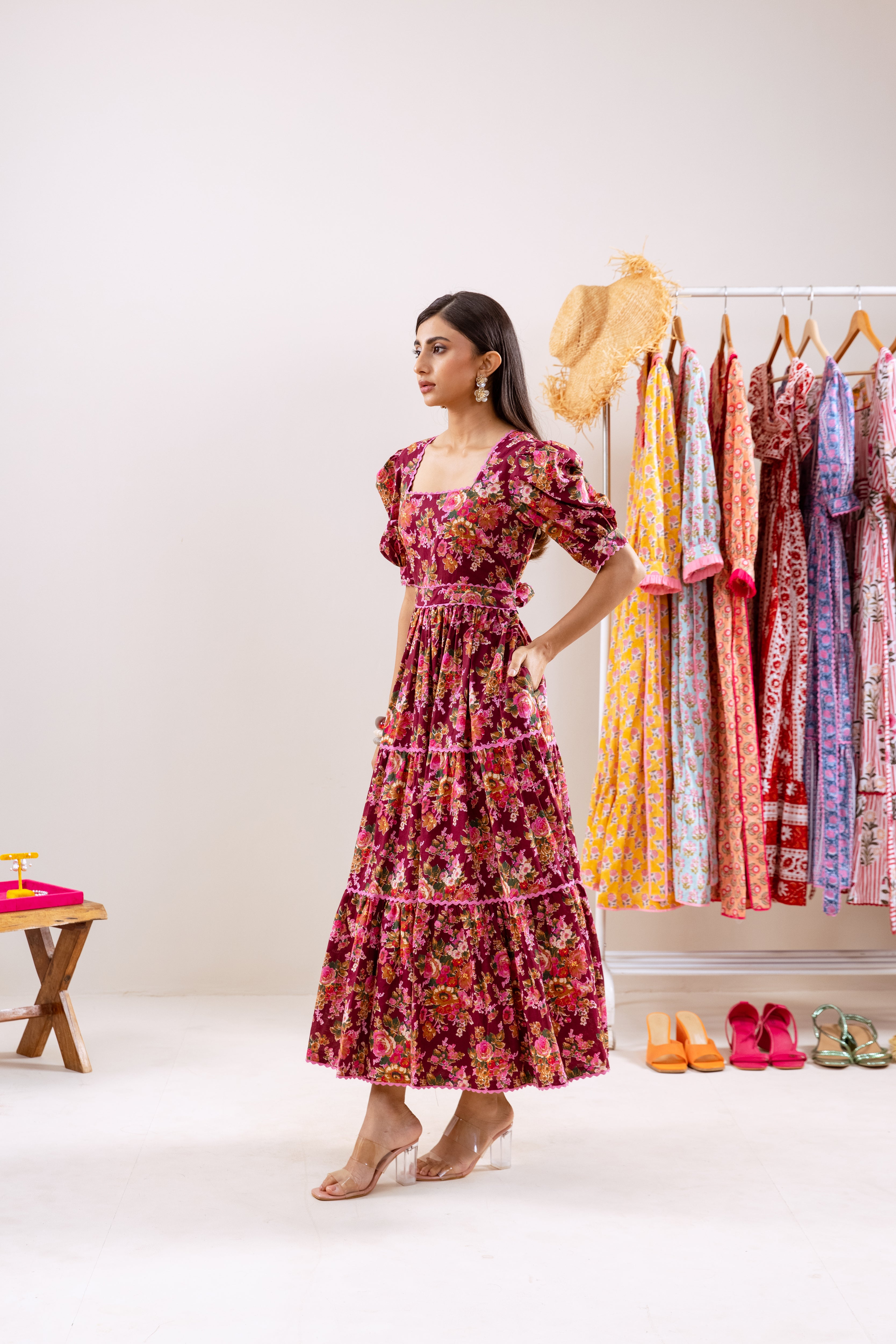 Maroon floral frill dress