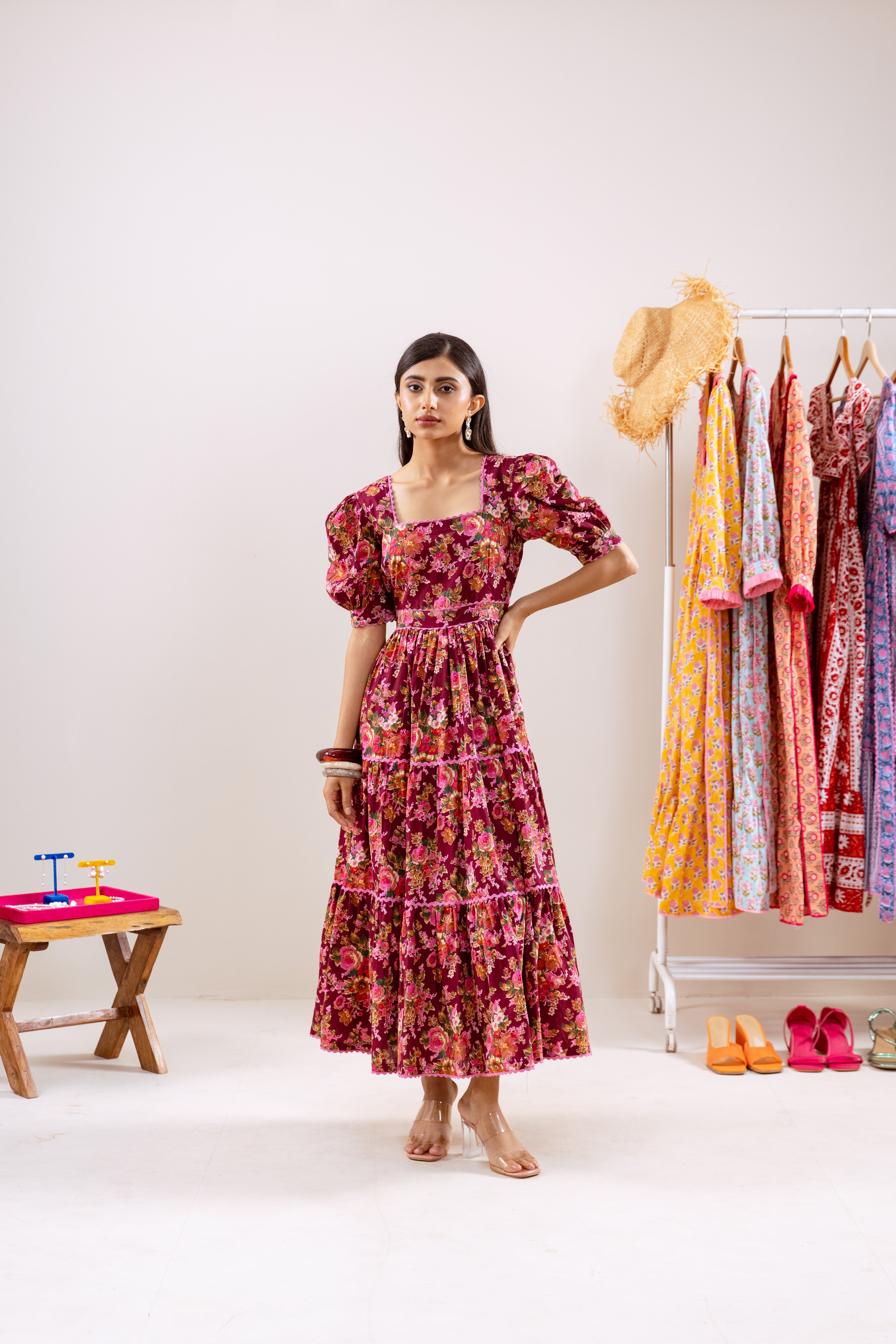 Maroon floral frill dress