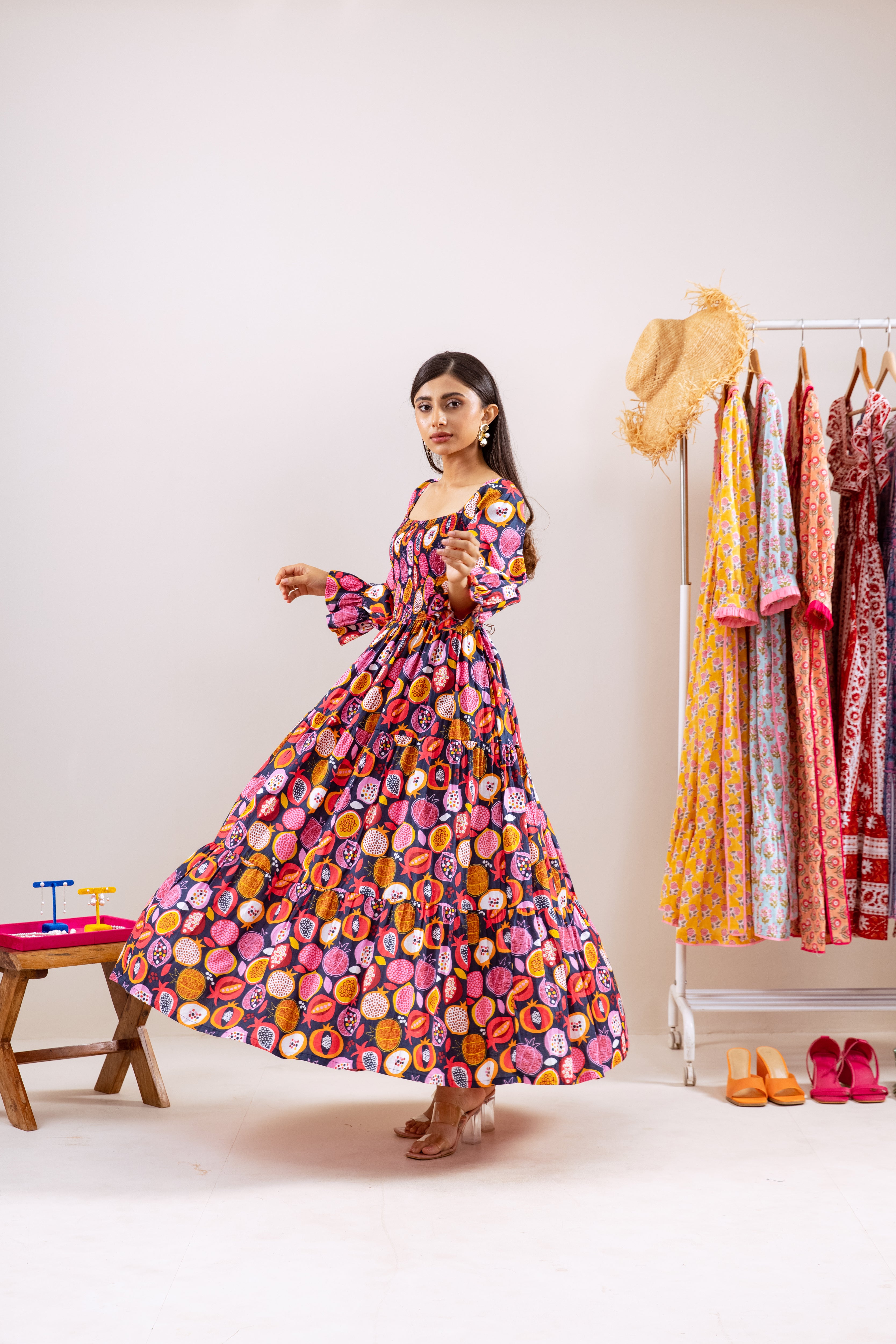 Black pomegranate smocked waist dress