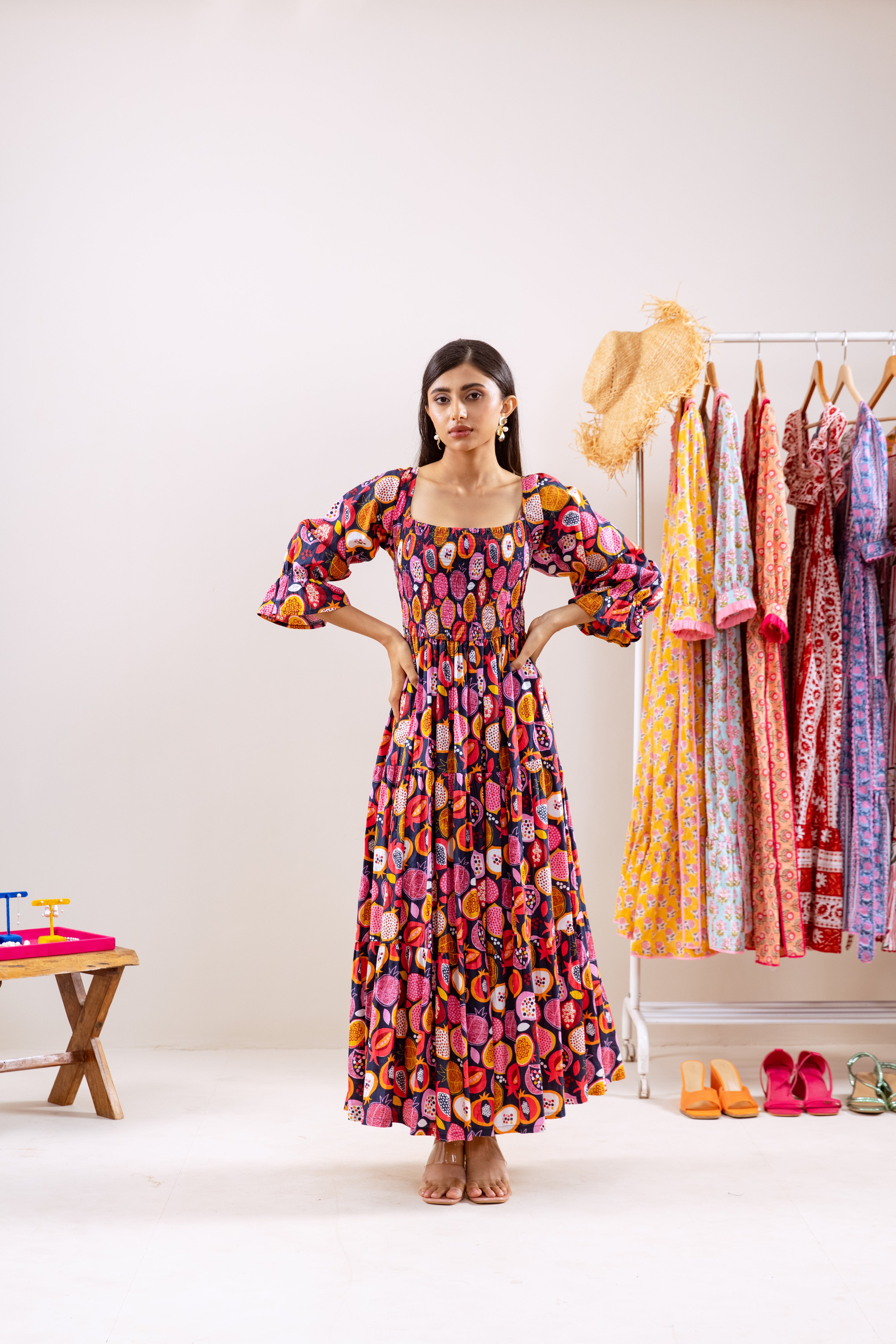 Black pomegranate smocked waist dress