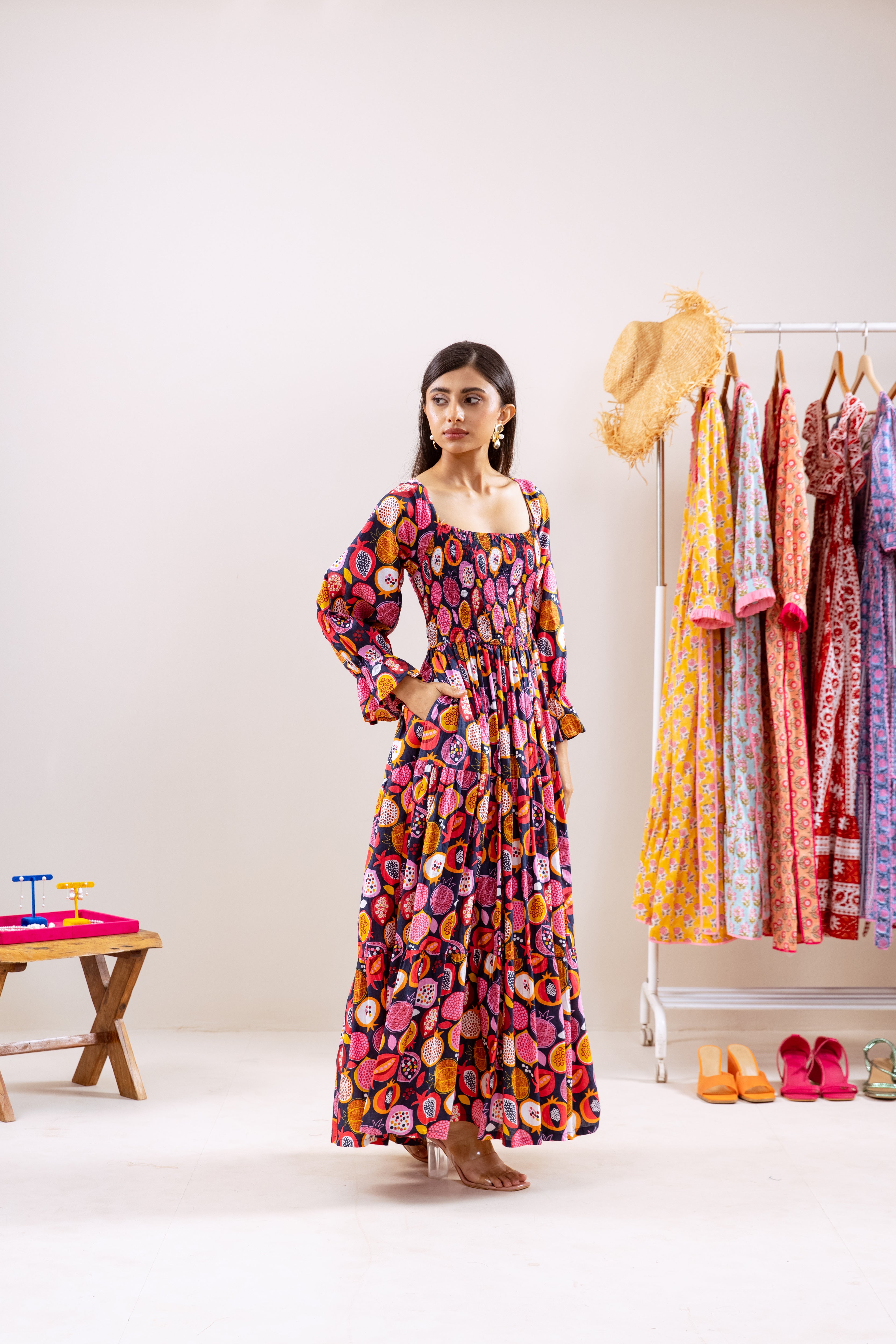 Black pomegranate smocked waist dress