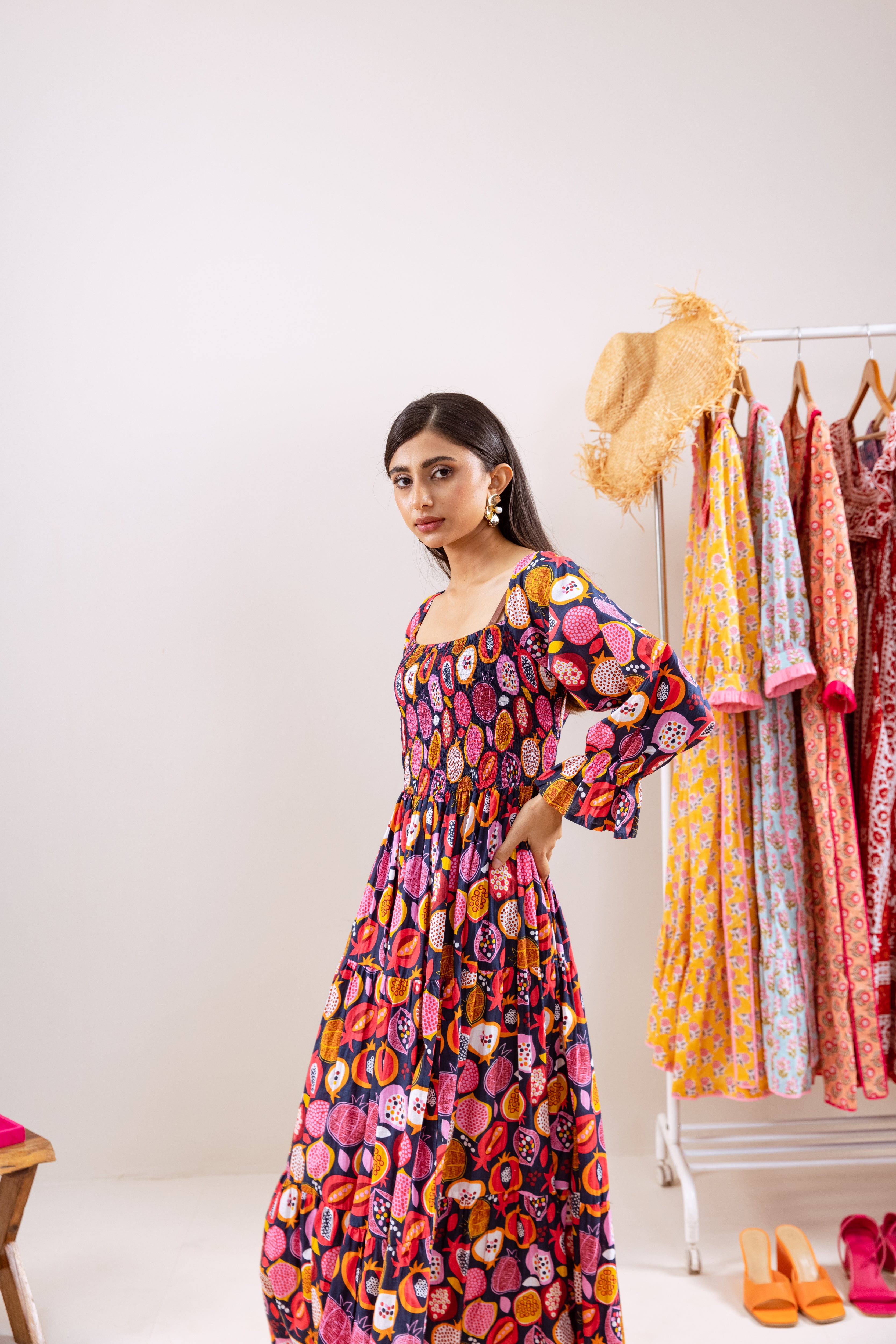 Black pomegranate smocked waist dress