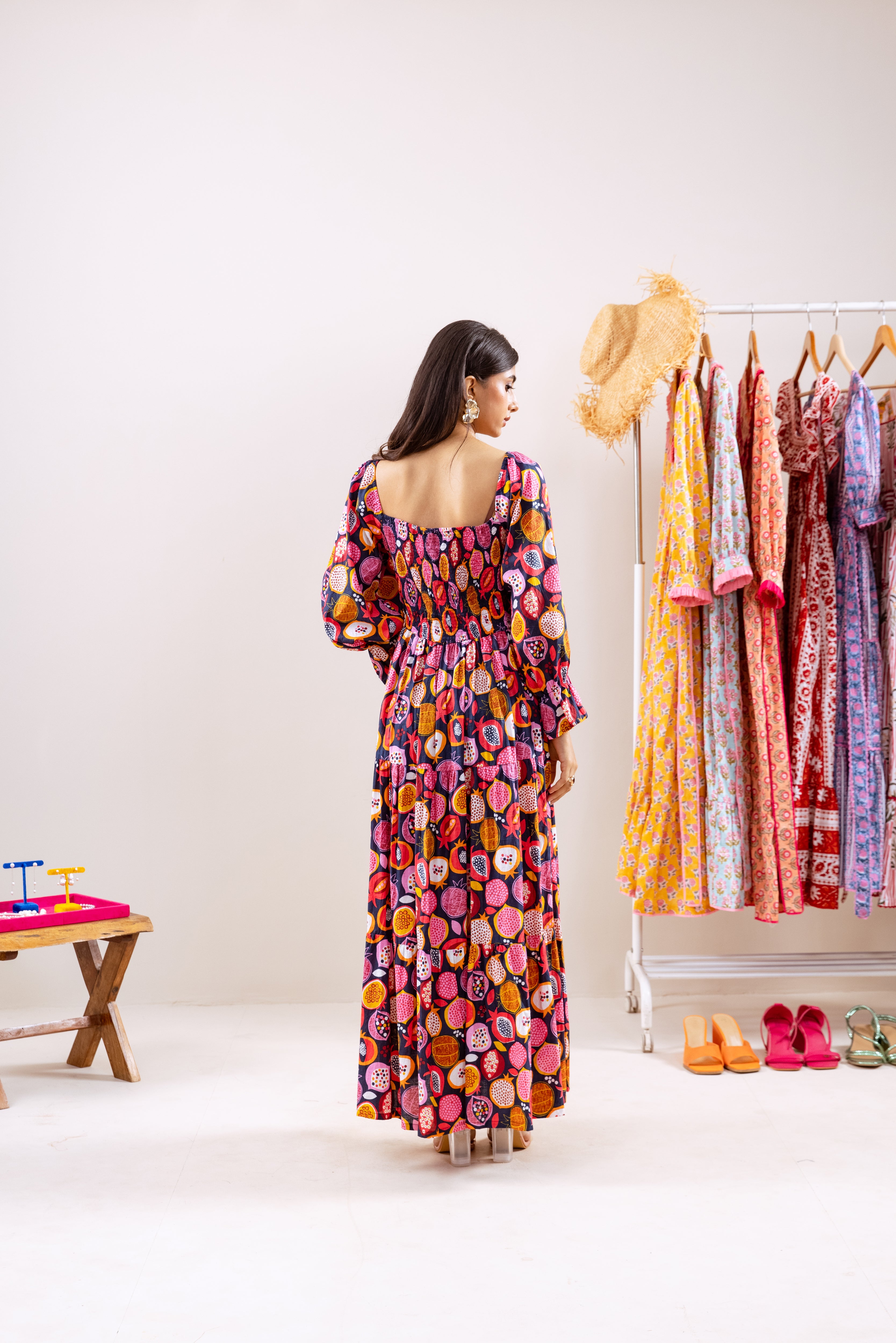 Black pomegranate smocked waist dress