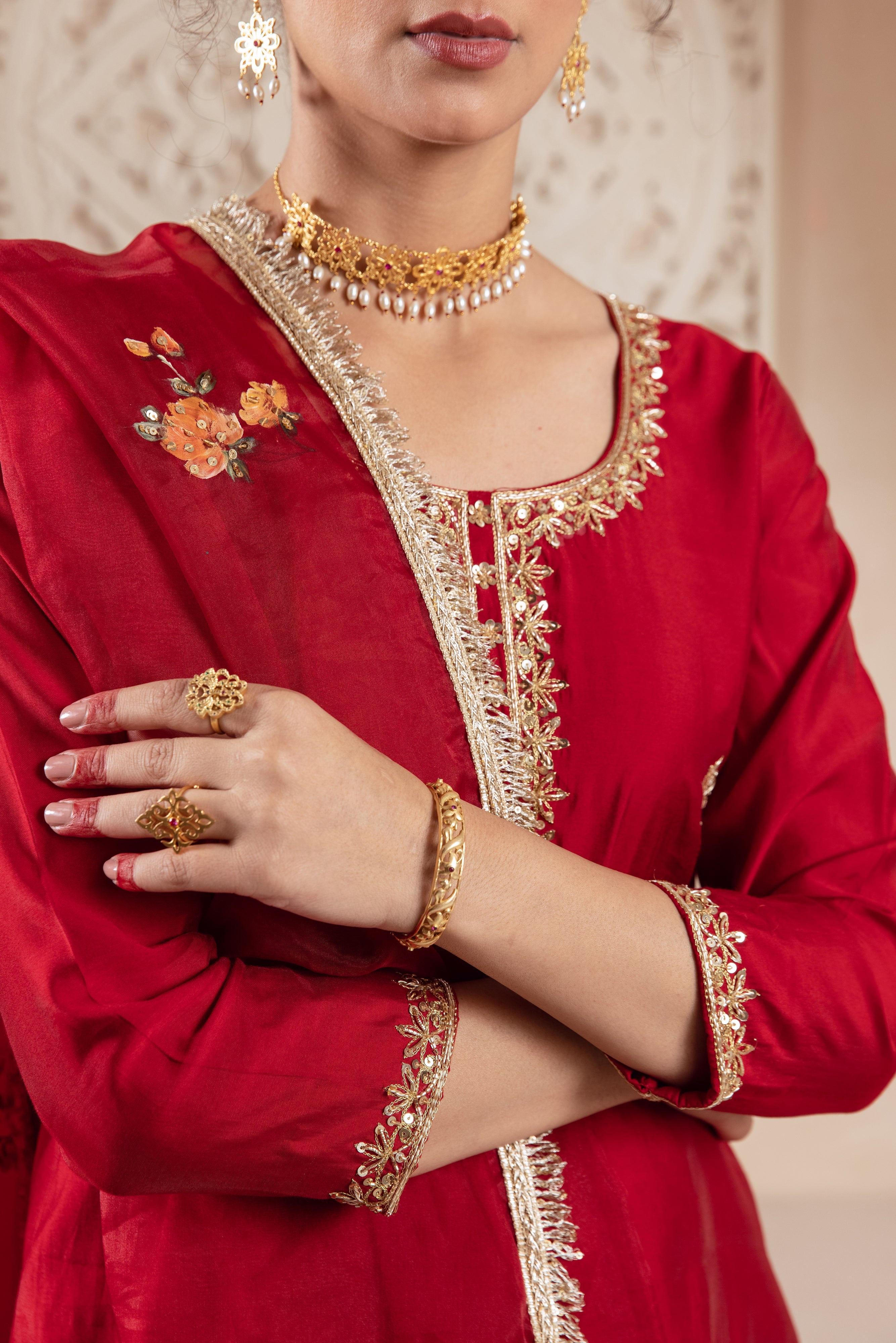 GULNAZ maroon rose hand painted sharara  set