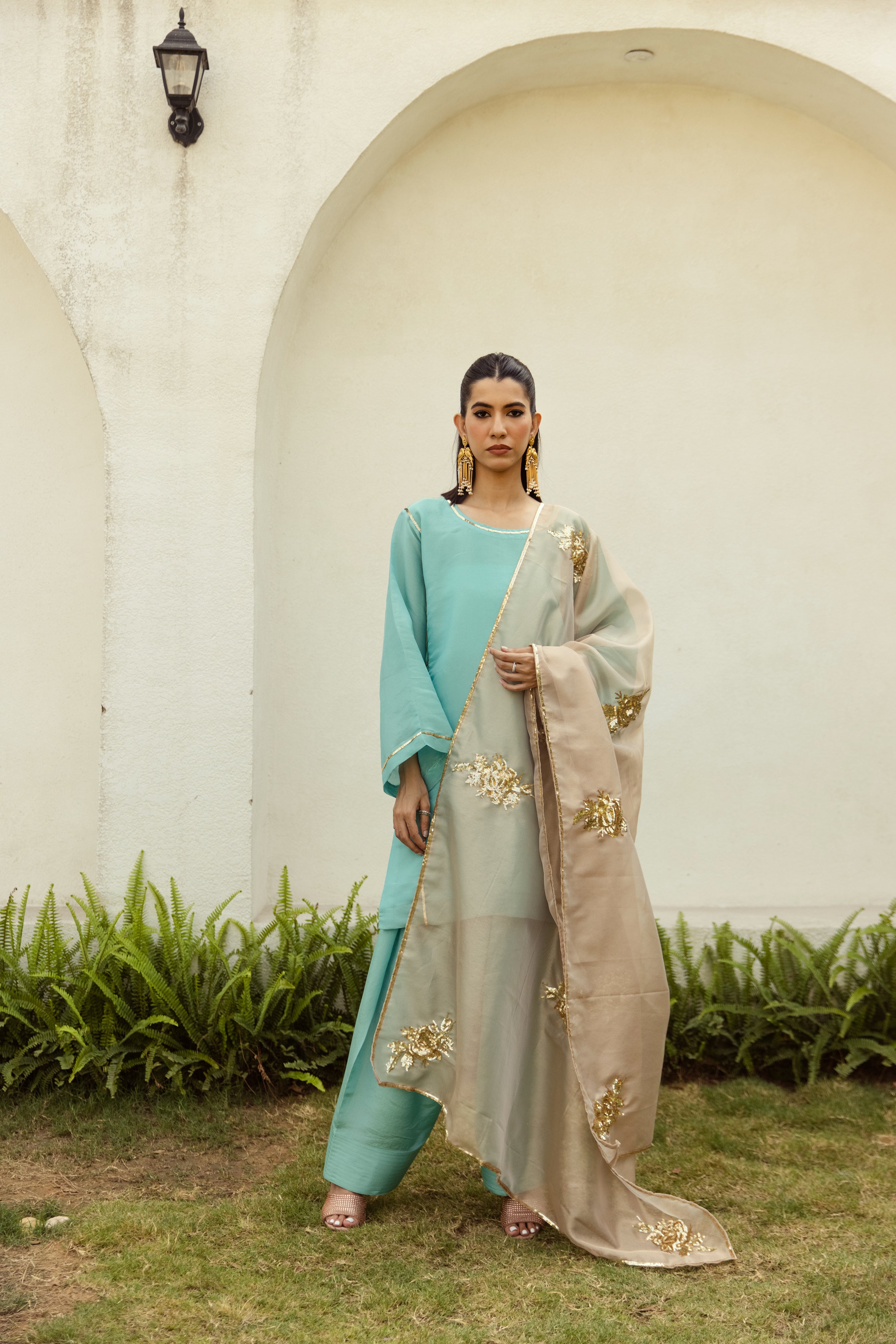 Noor Farshi Salwar turquoise  Set - Golden