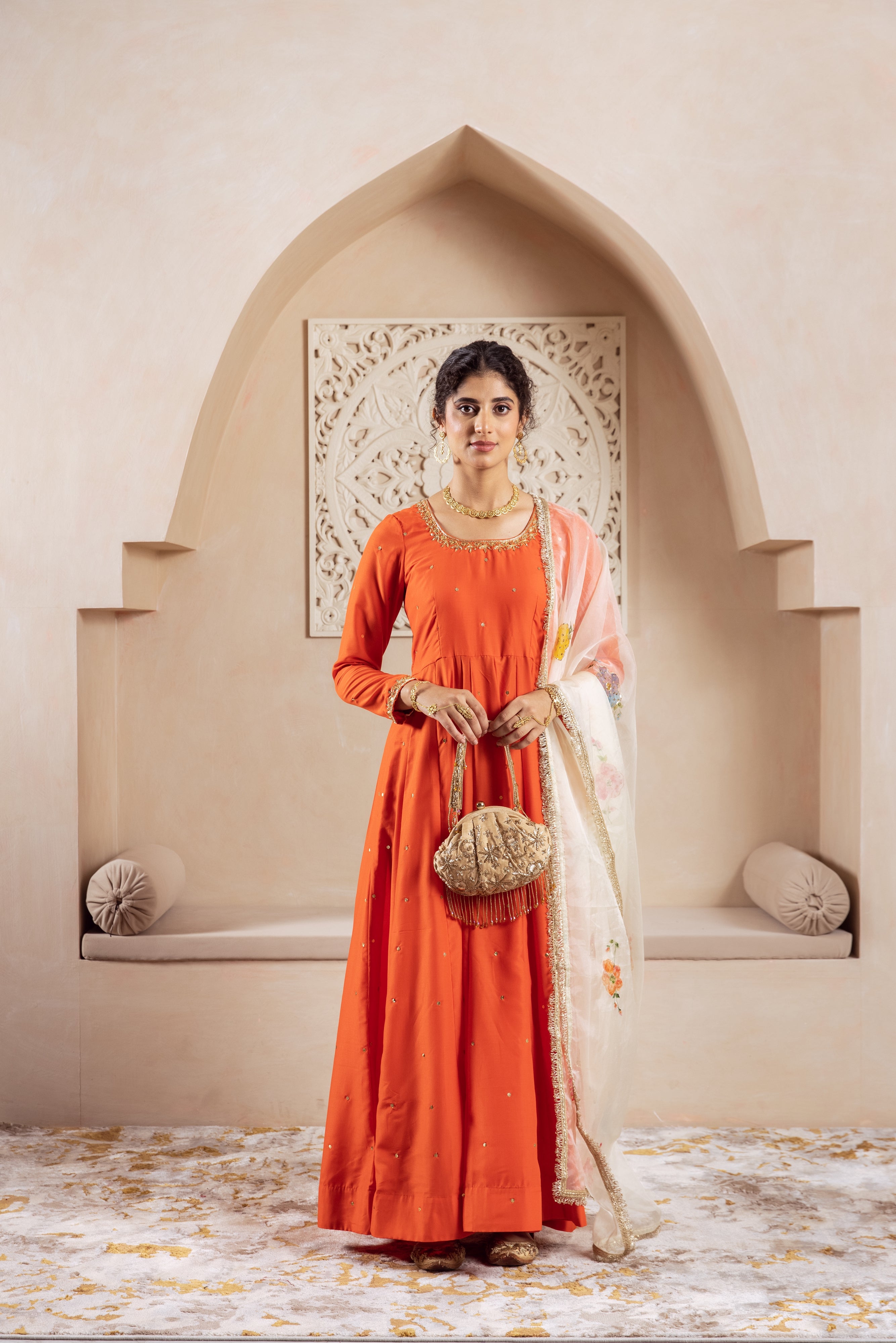 GULNAZ Orange hand painted Anarkali set