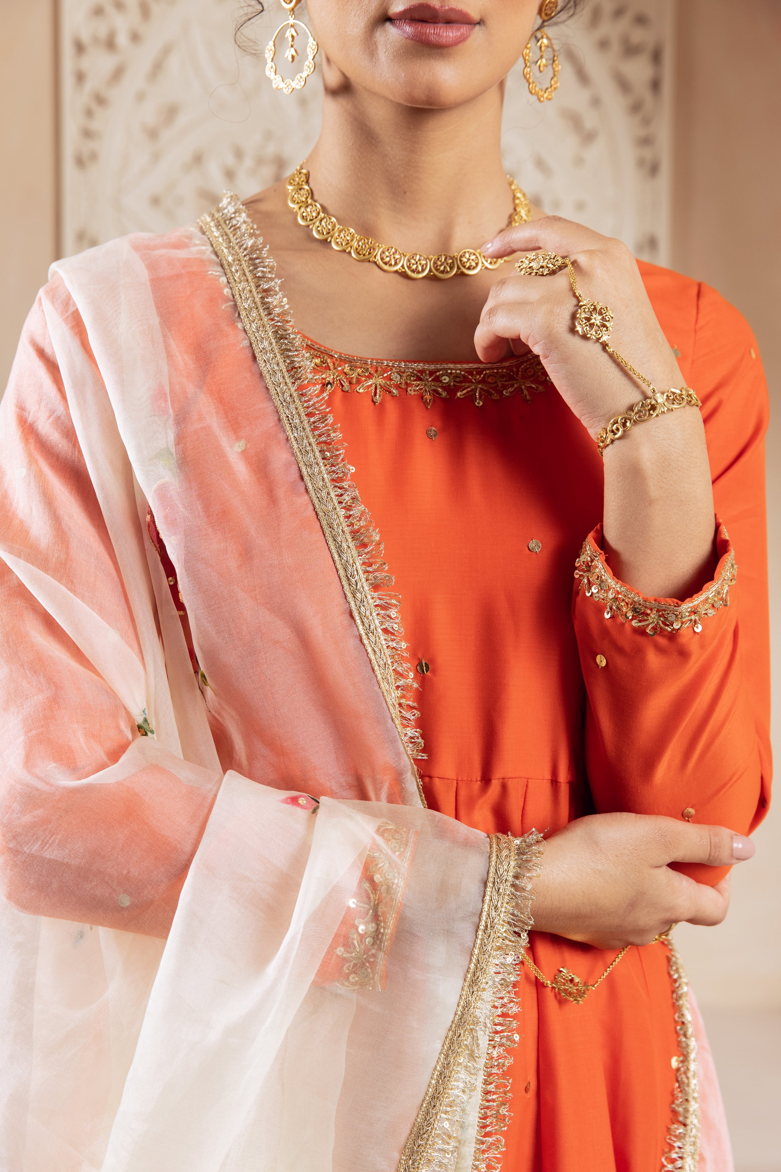 GULNAZ Orange hand painted Anarkali set