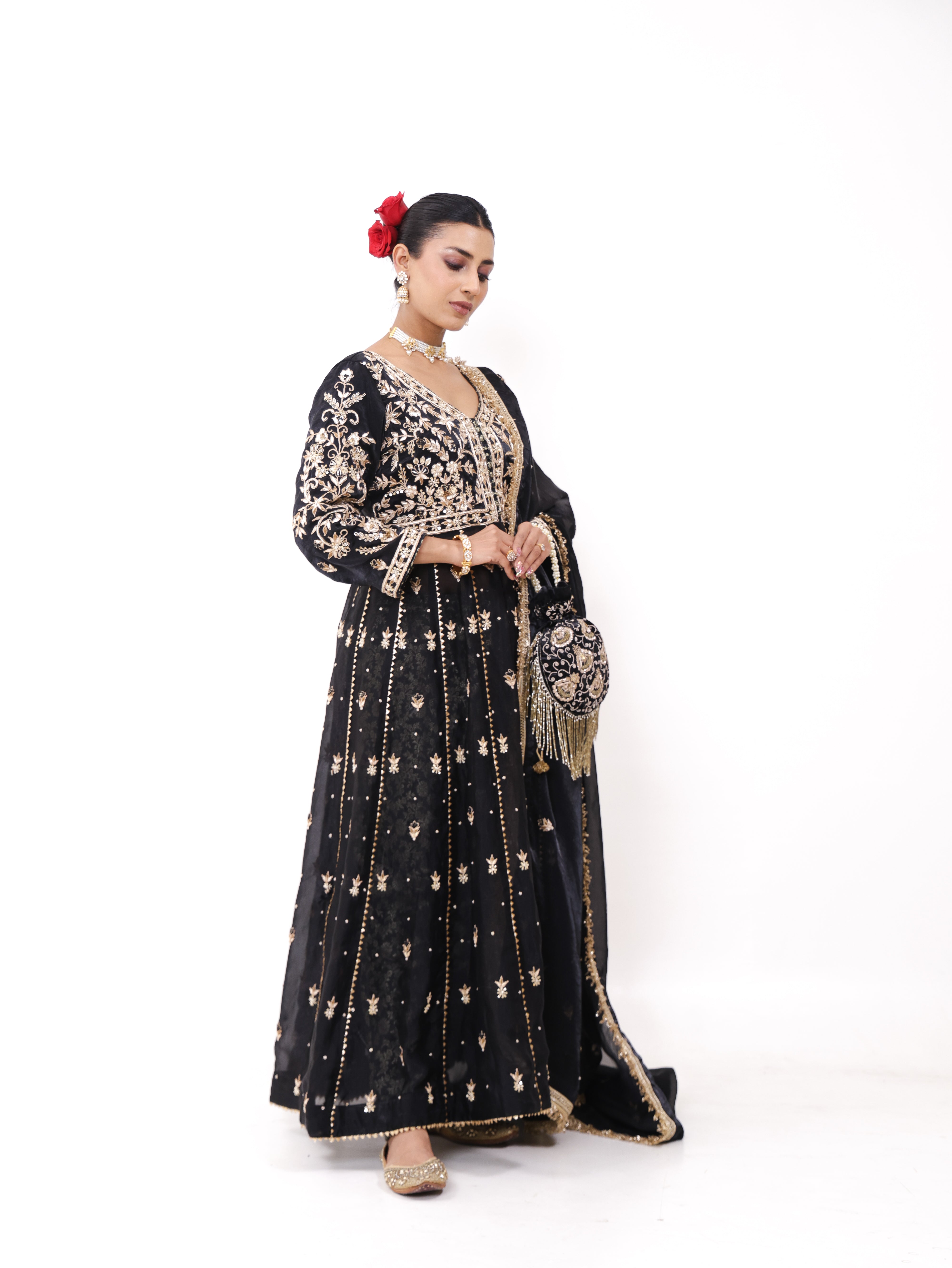 Falak Black Silk Tissue Anarkali