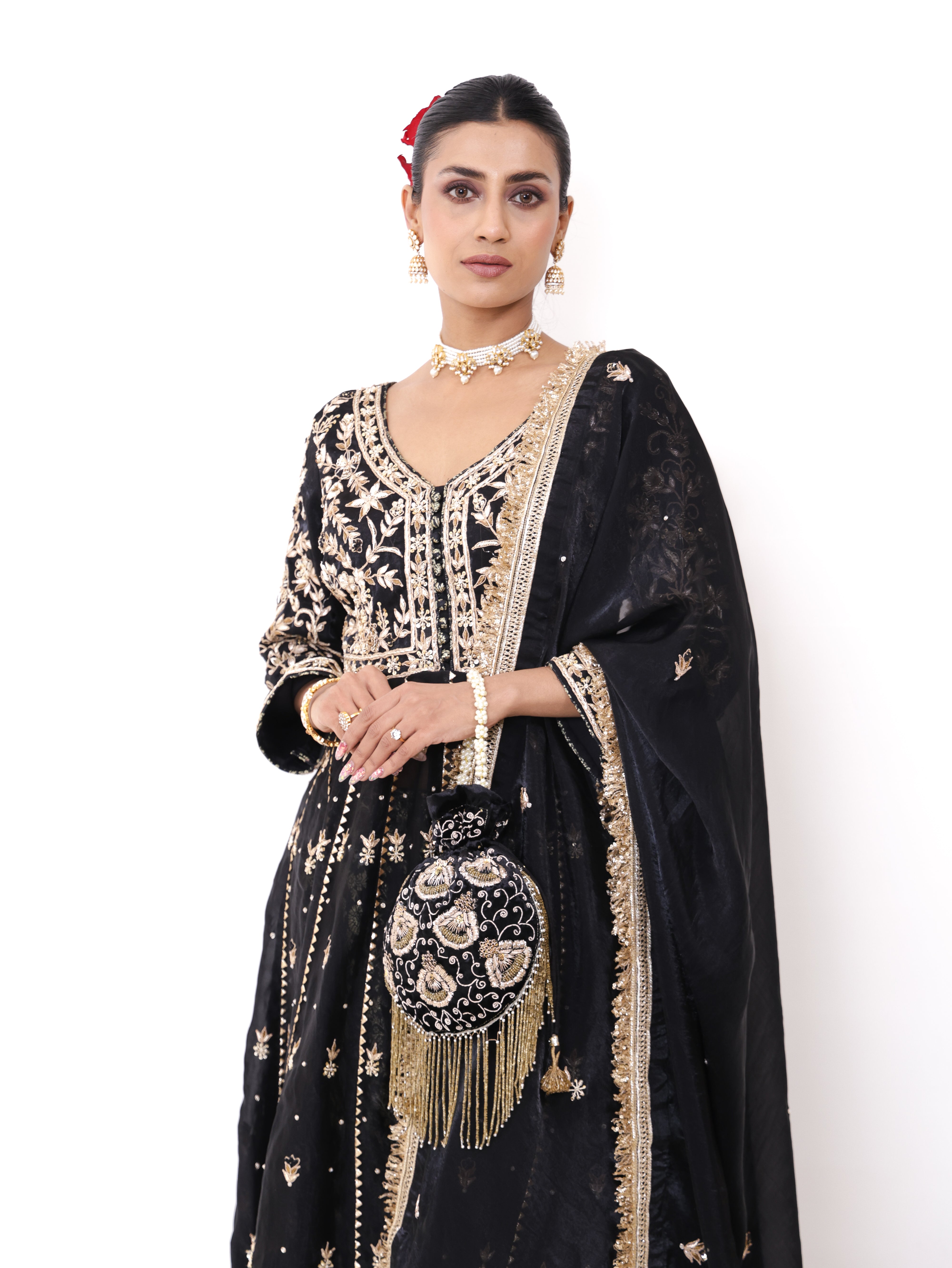 Falak Black Silk Tissue Anarkali