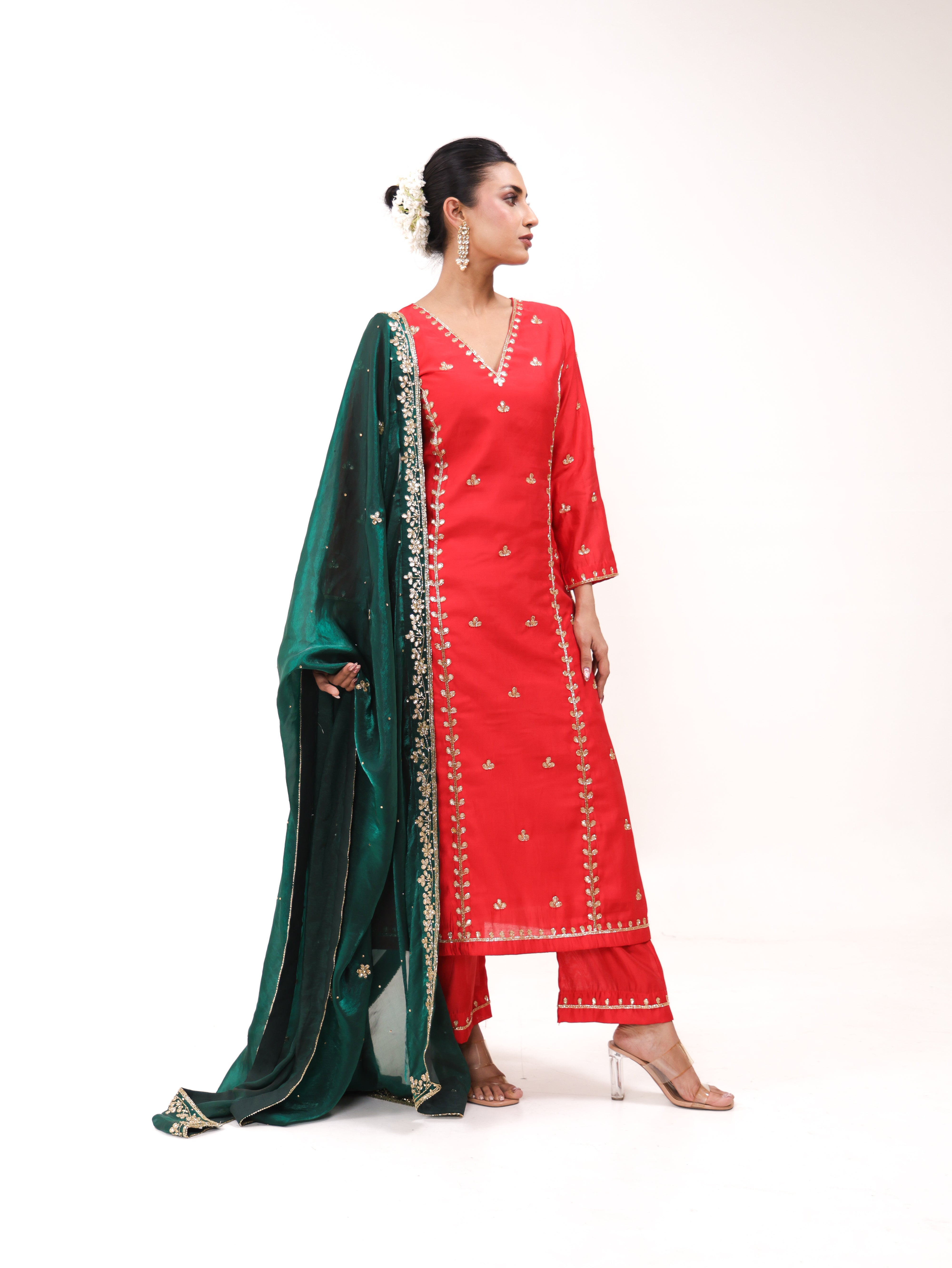 Falak Red Green Kurta Set