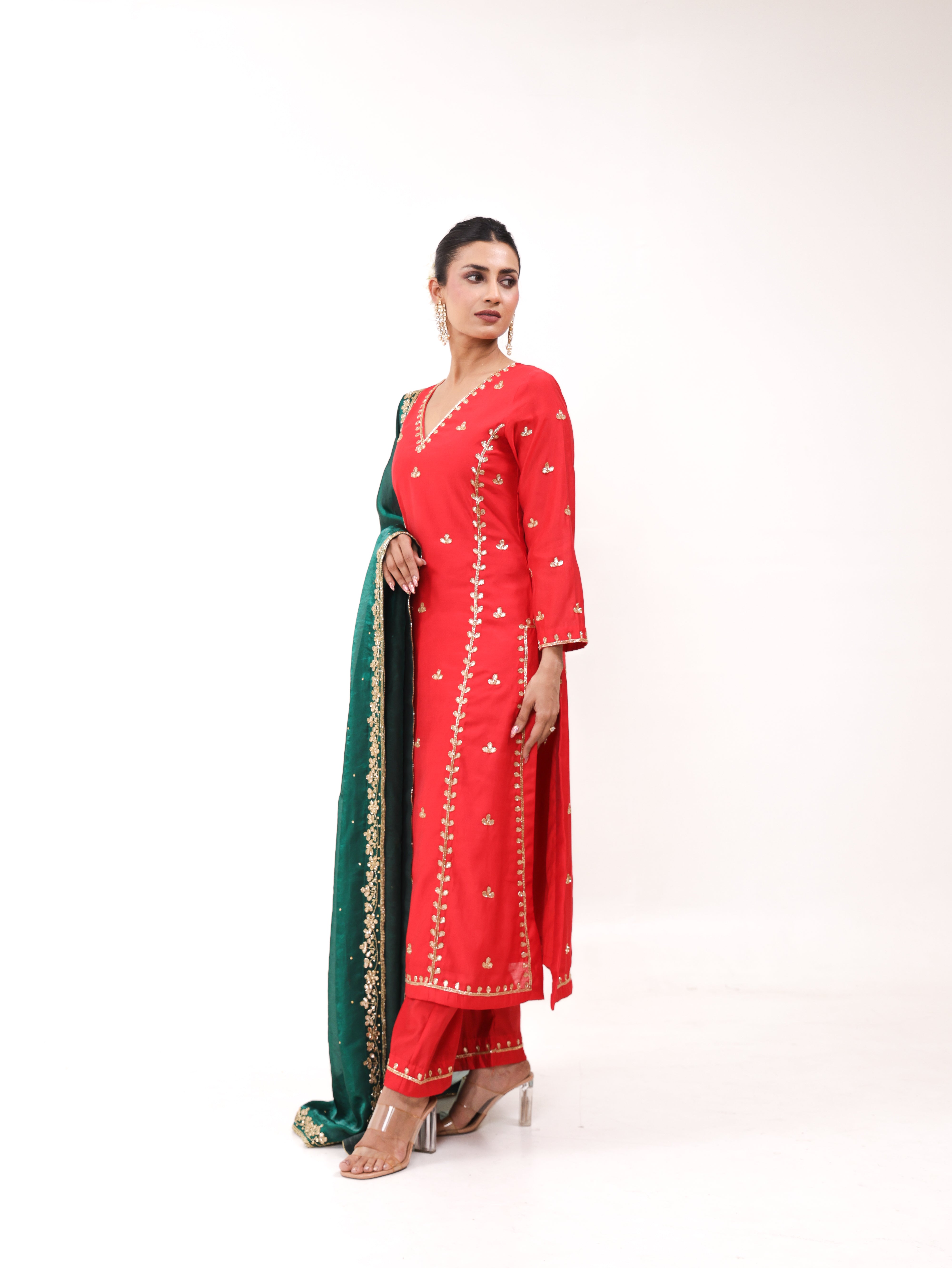 Falak Red Green Kurta Set