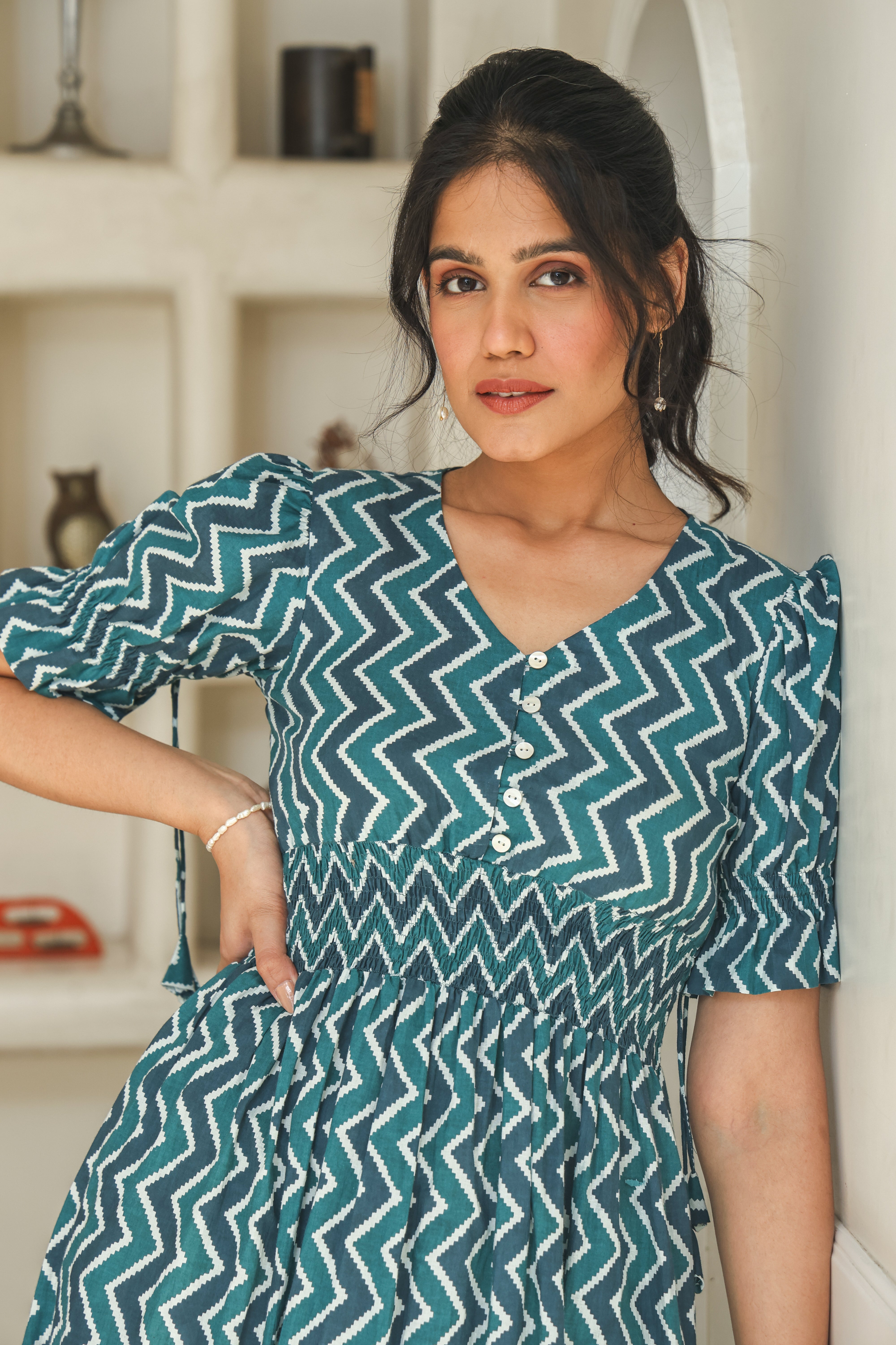 TEAL BLUE ZIGZAG DRESS