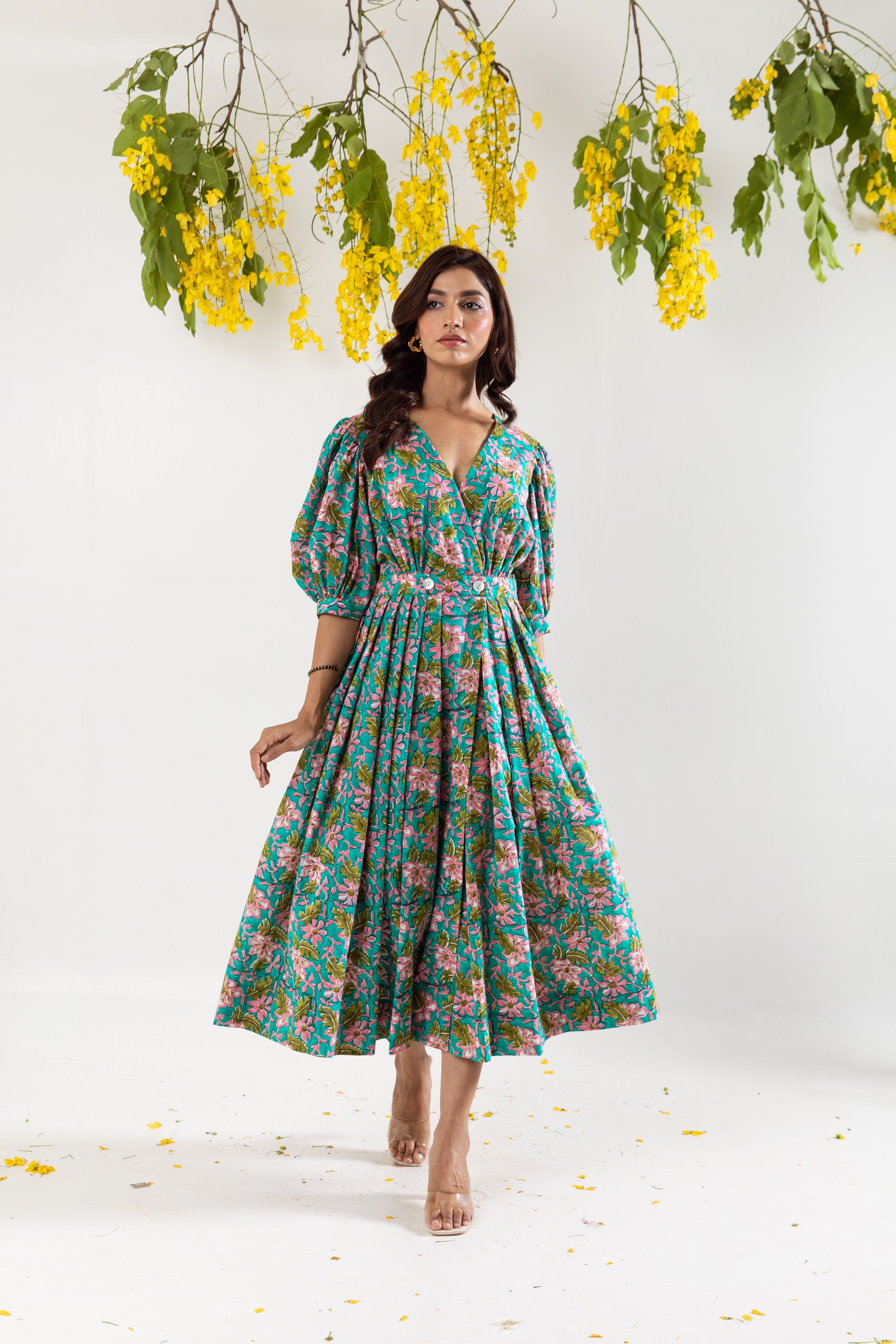 Teal floral overlap dress – rivaajclothing