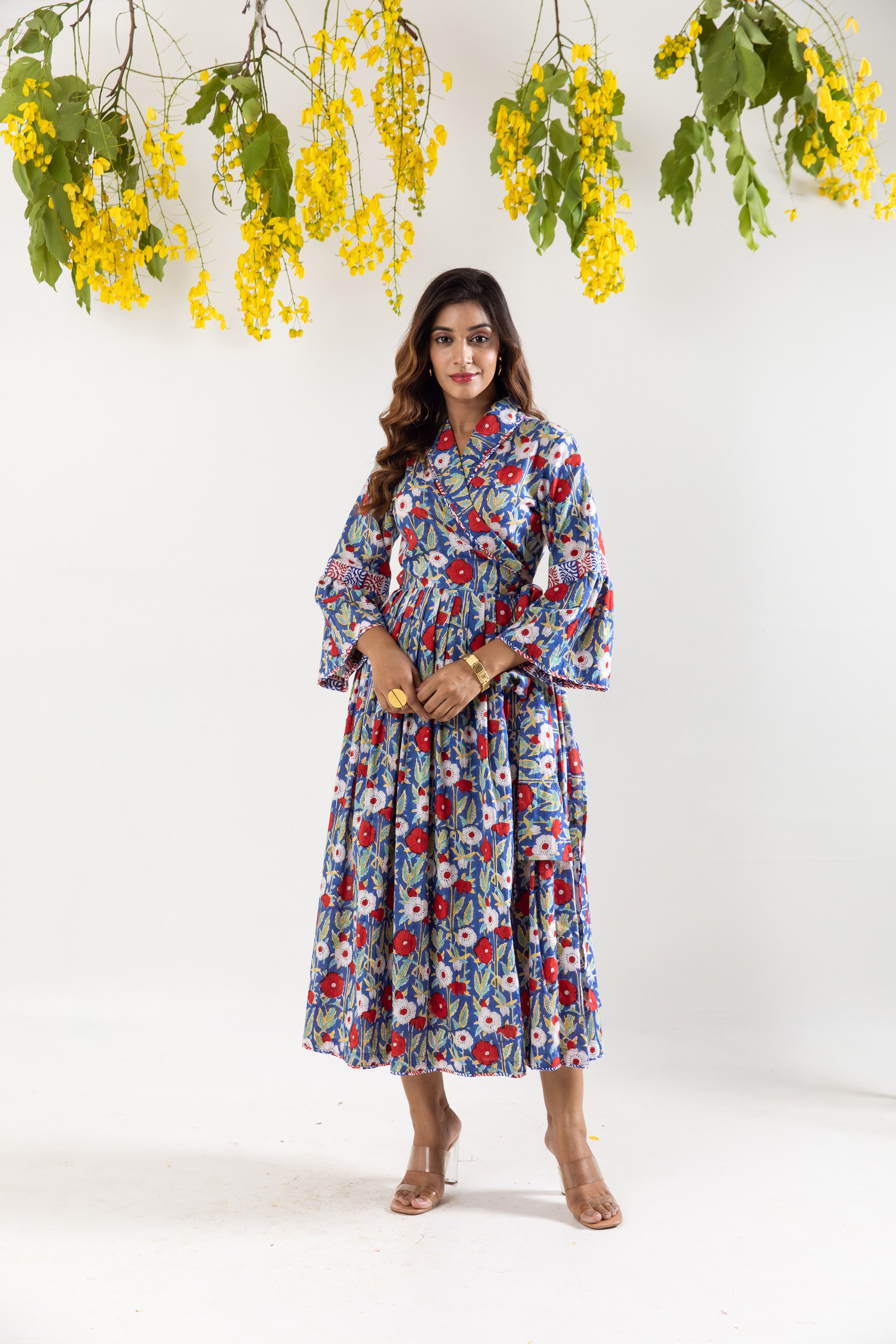 Blue red hand block collar dress