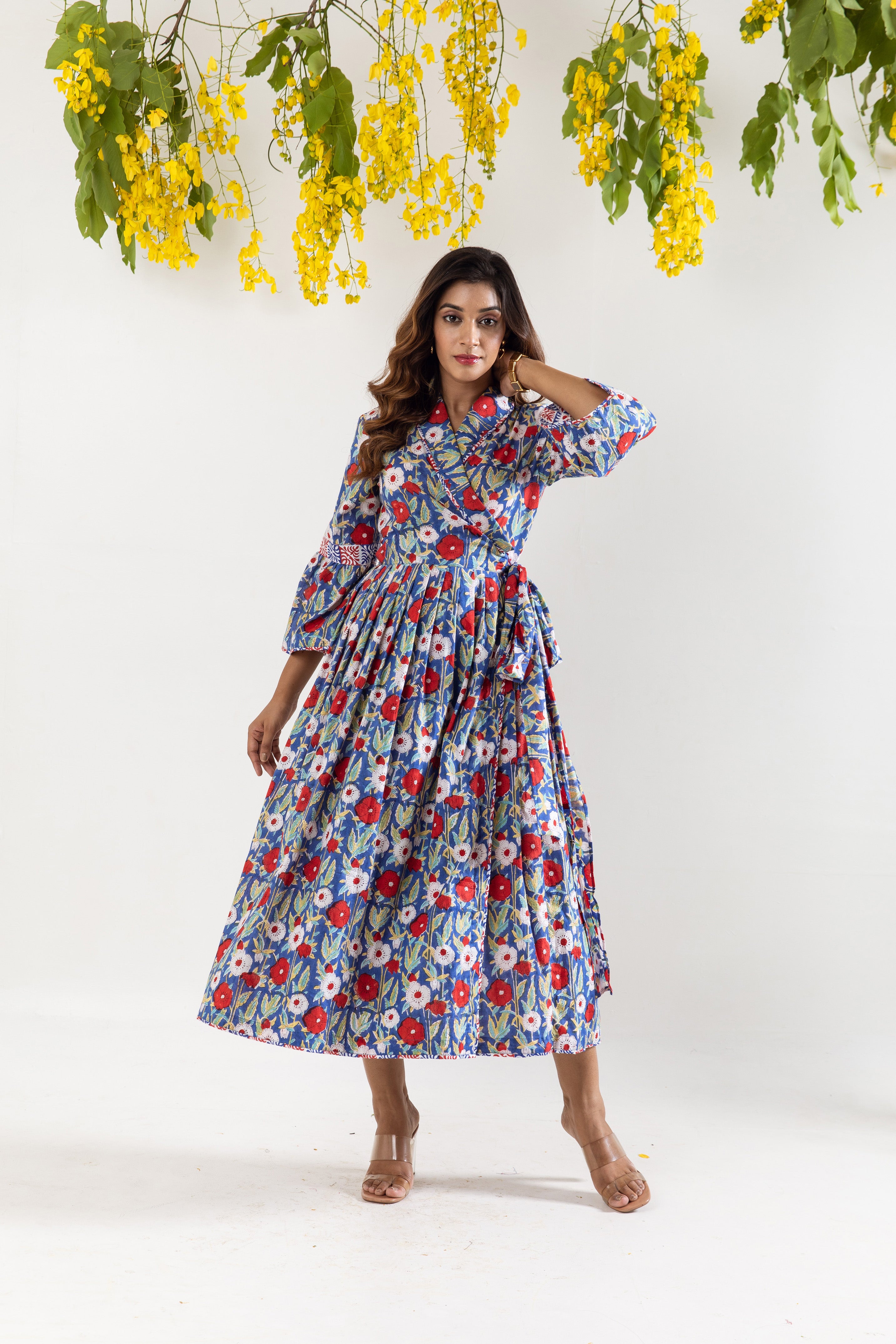 Blue red hand block collar dress