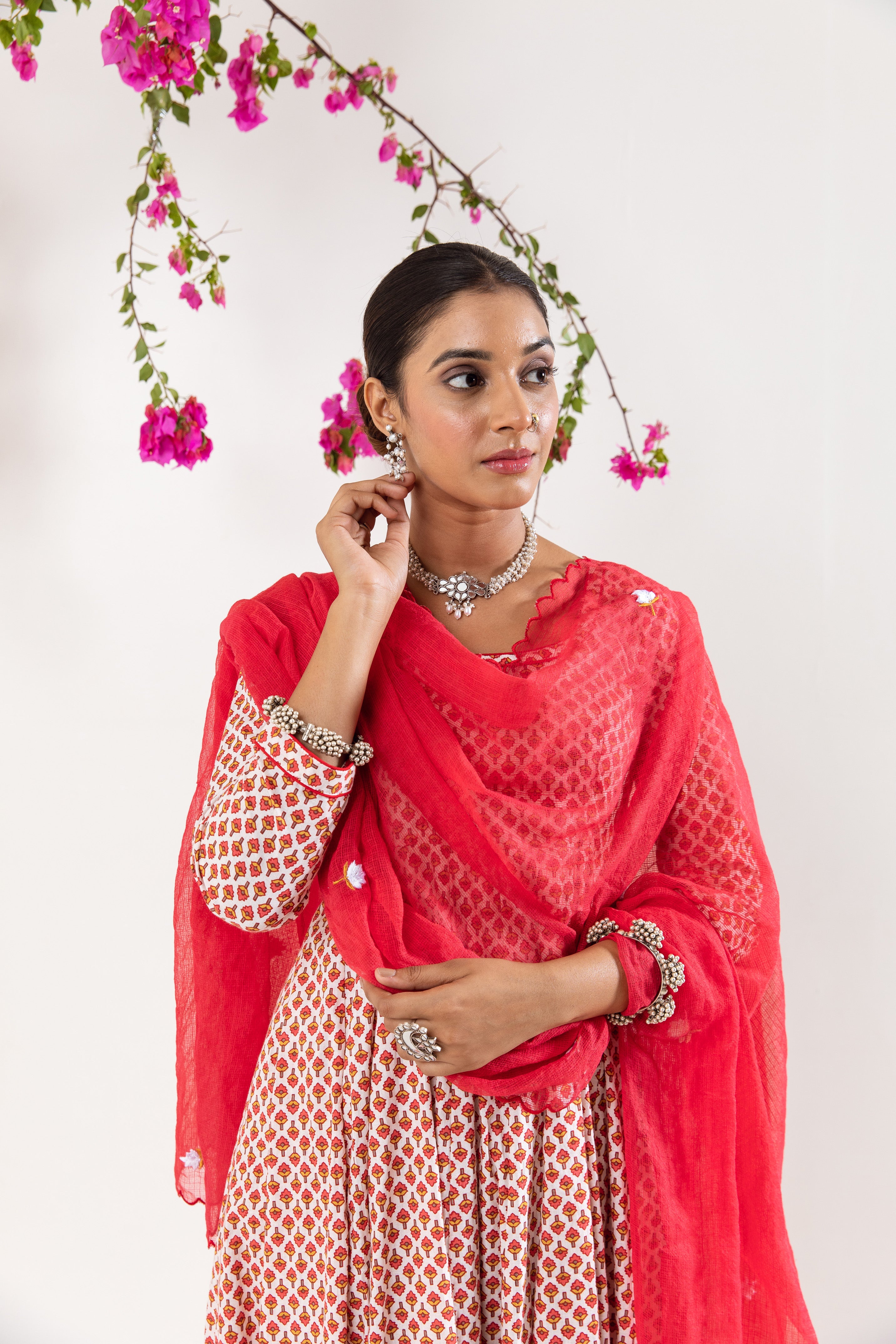 Red White Anarkali Set