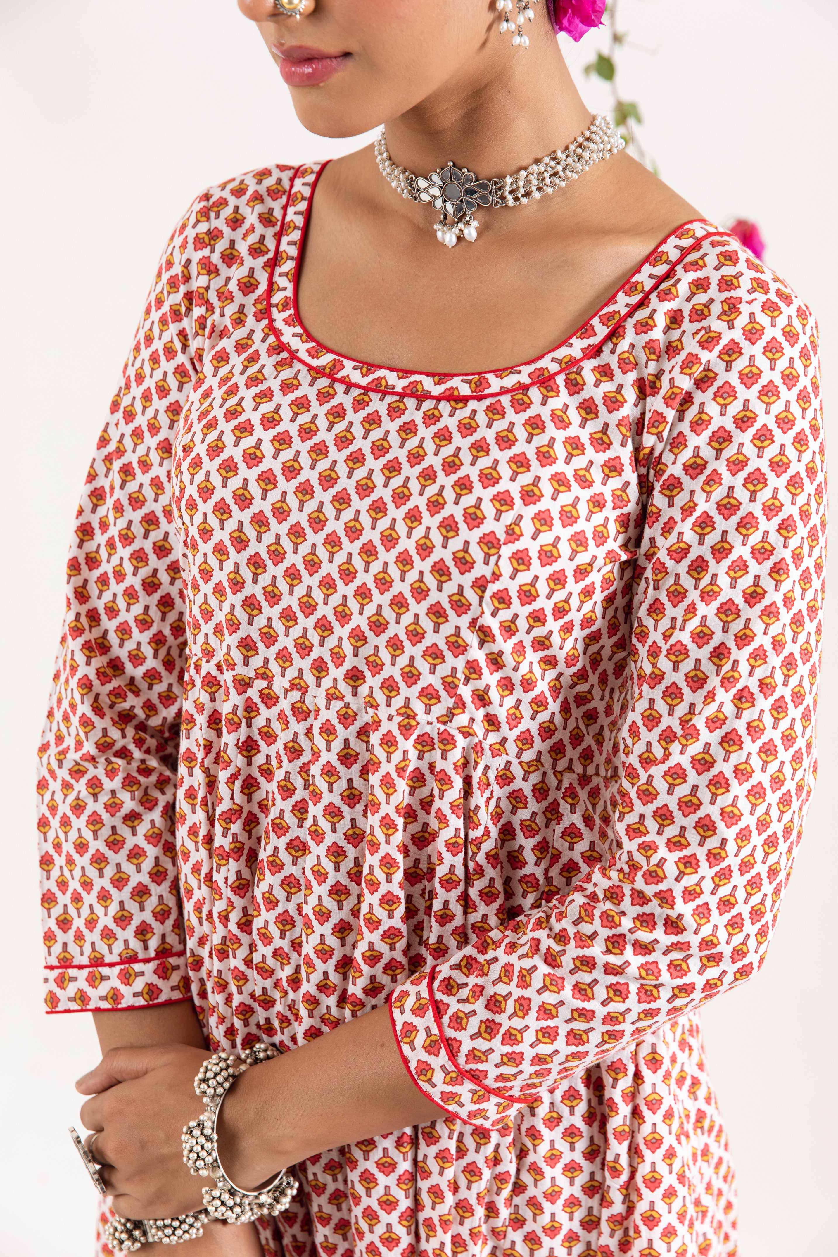 Red White Anarkali Set