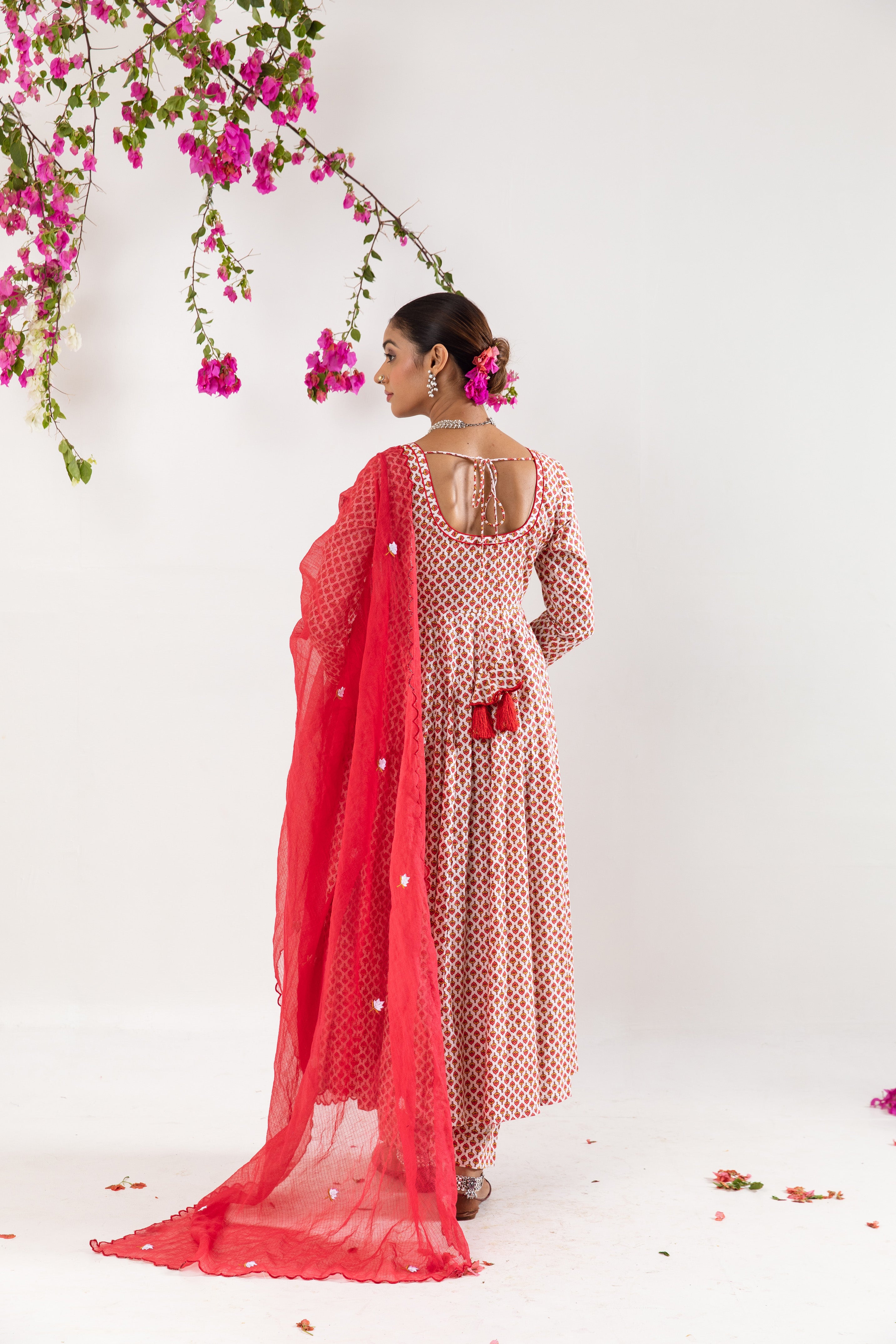 Red White Anarkali Set