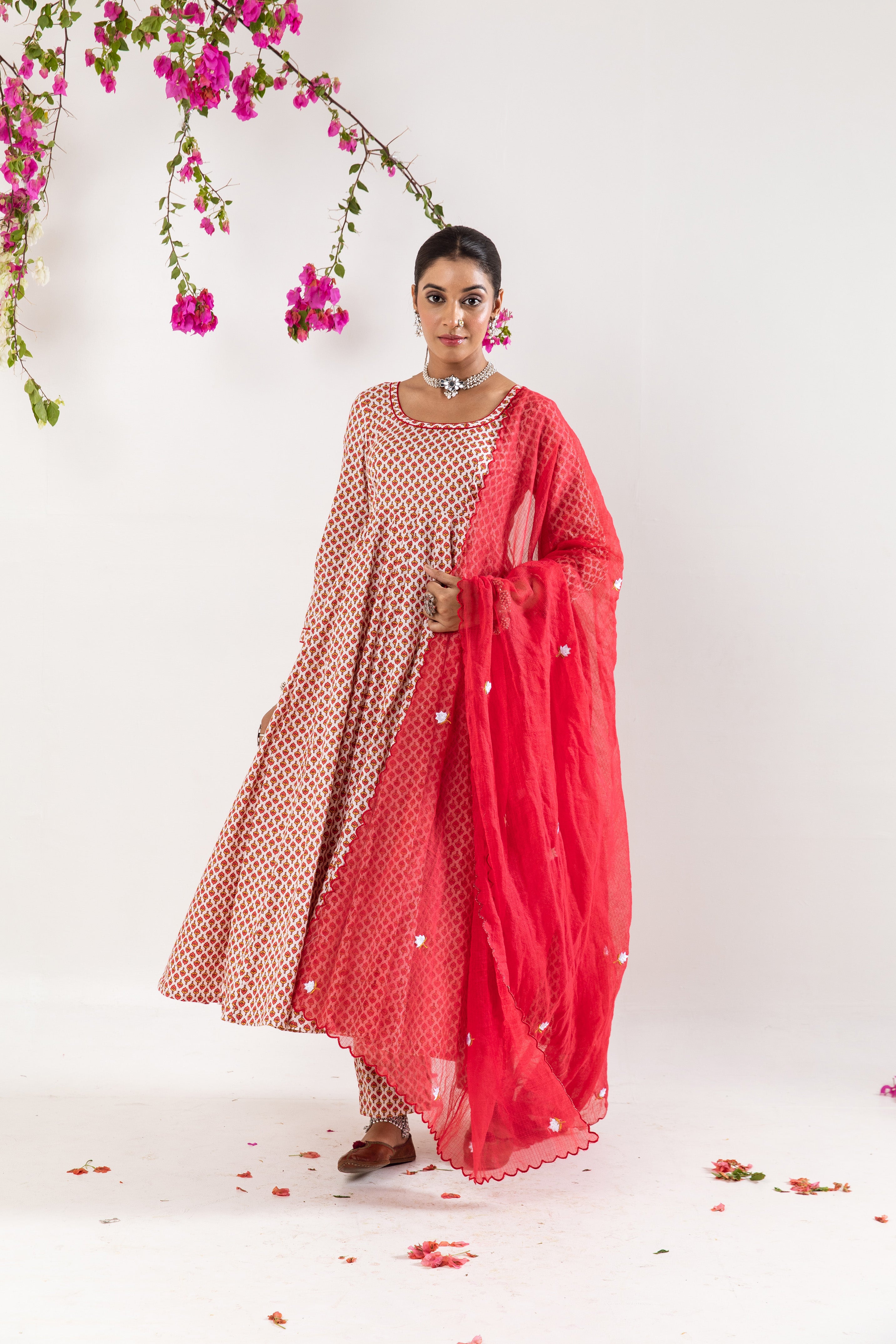 Red White Anarkali Set