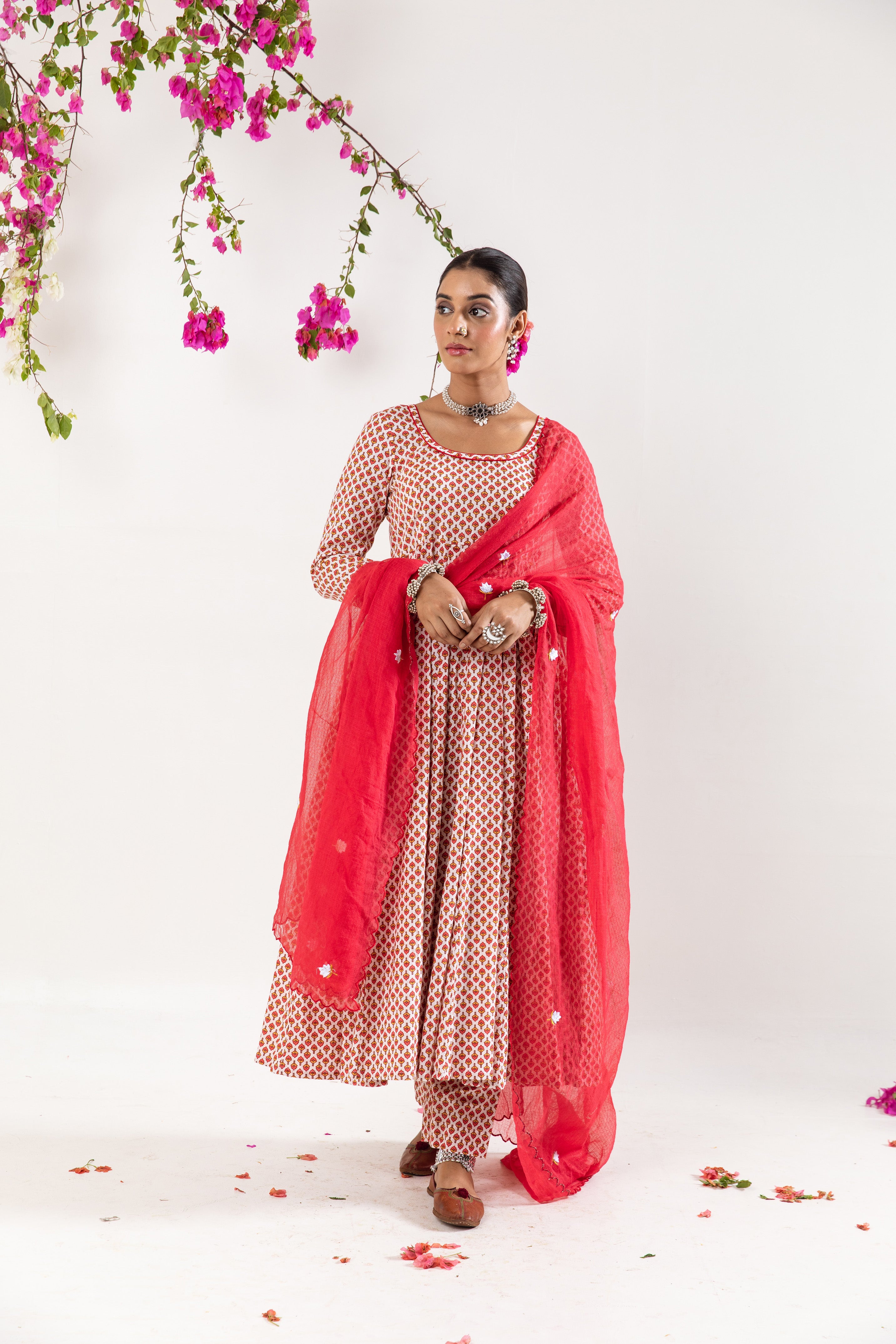 Red White Anarkali Set