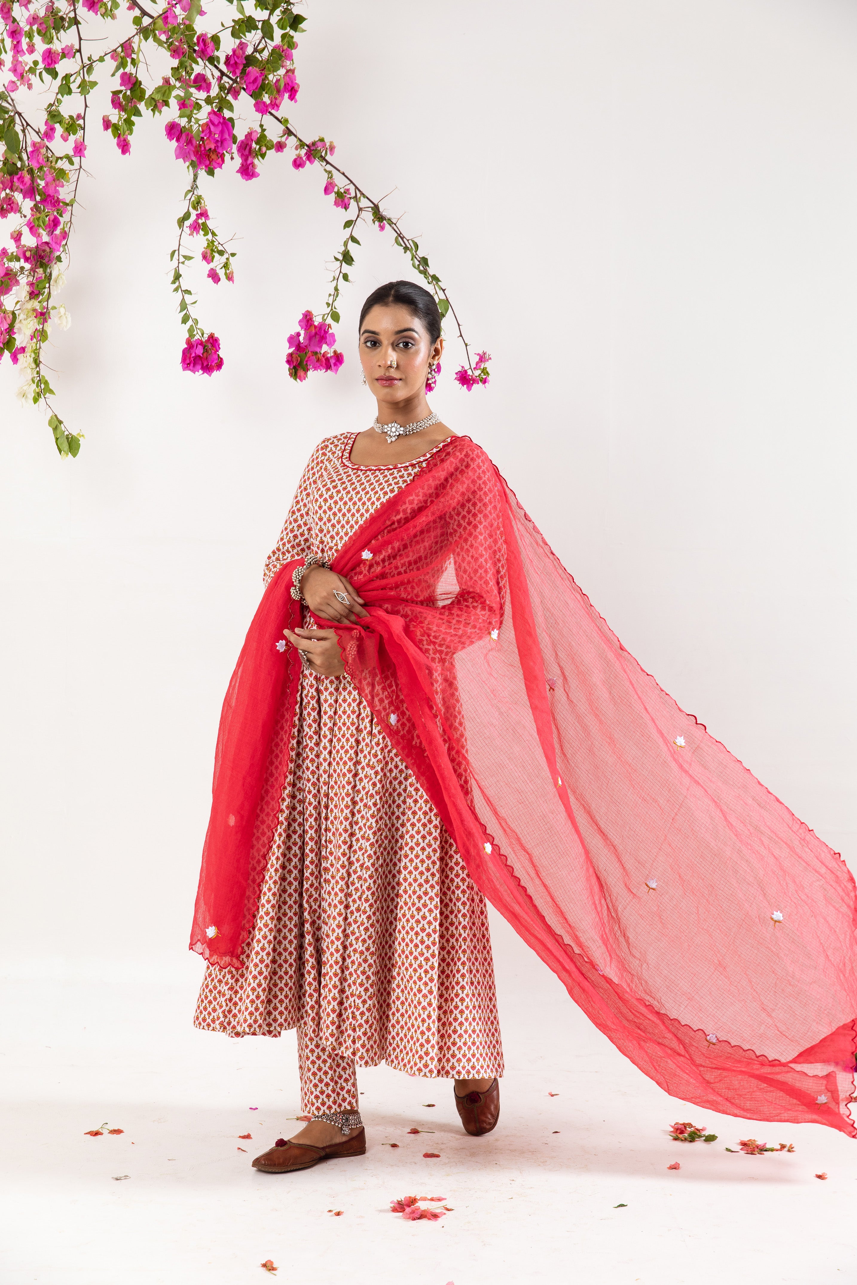 Red White Anarkali Set