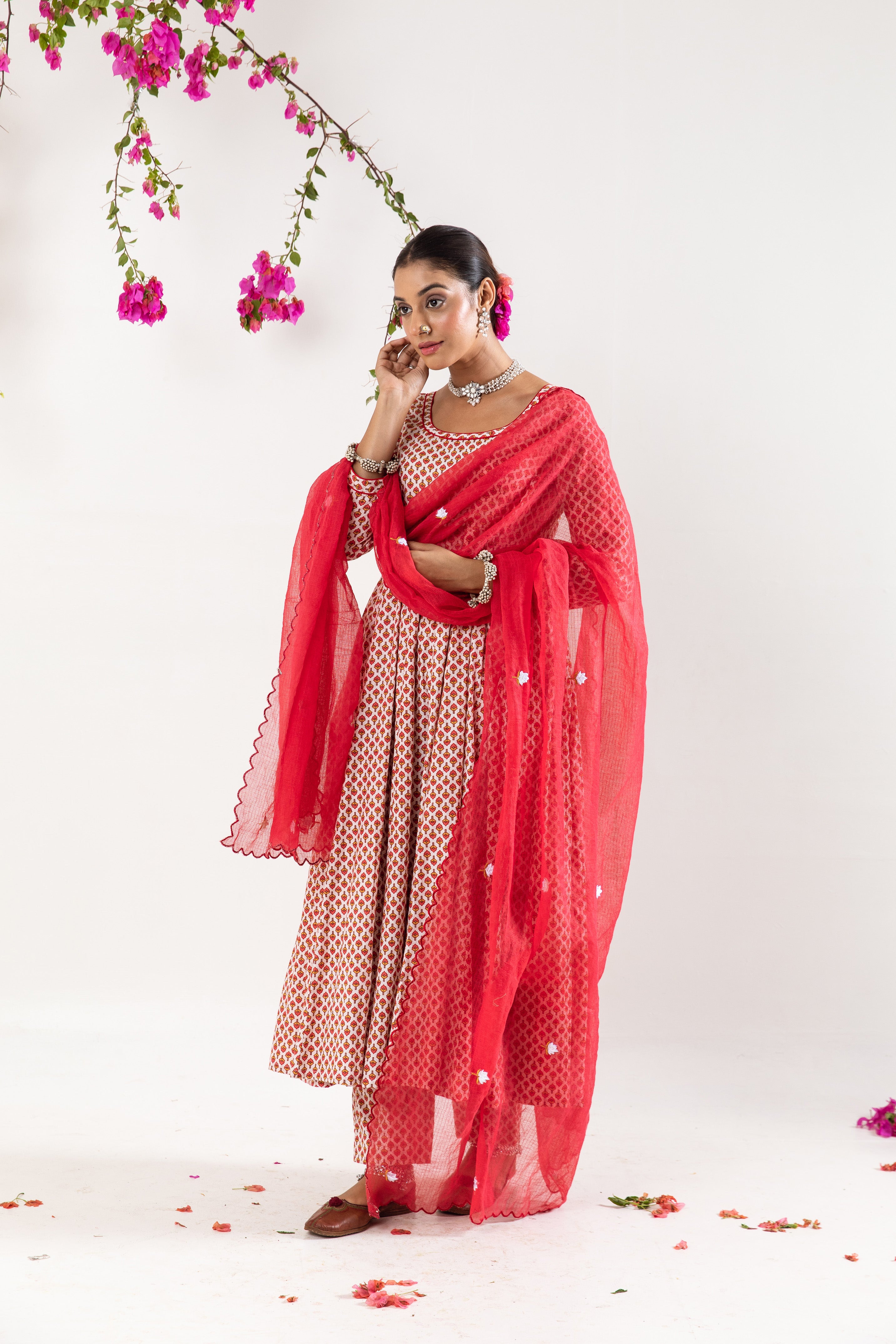 Red White Anarkali Set