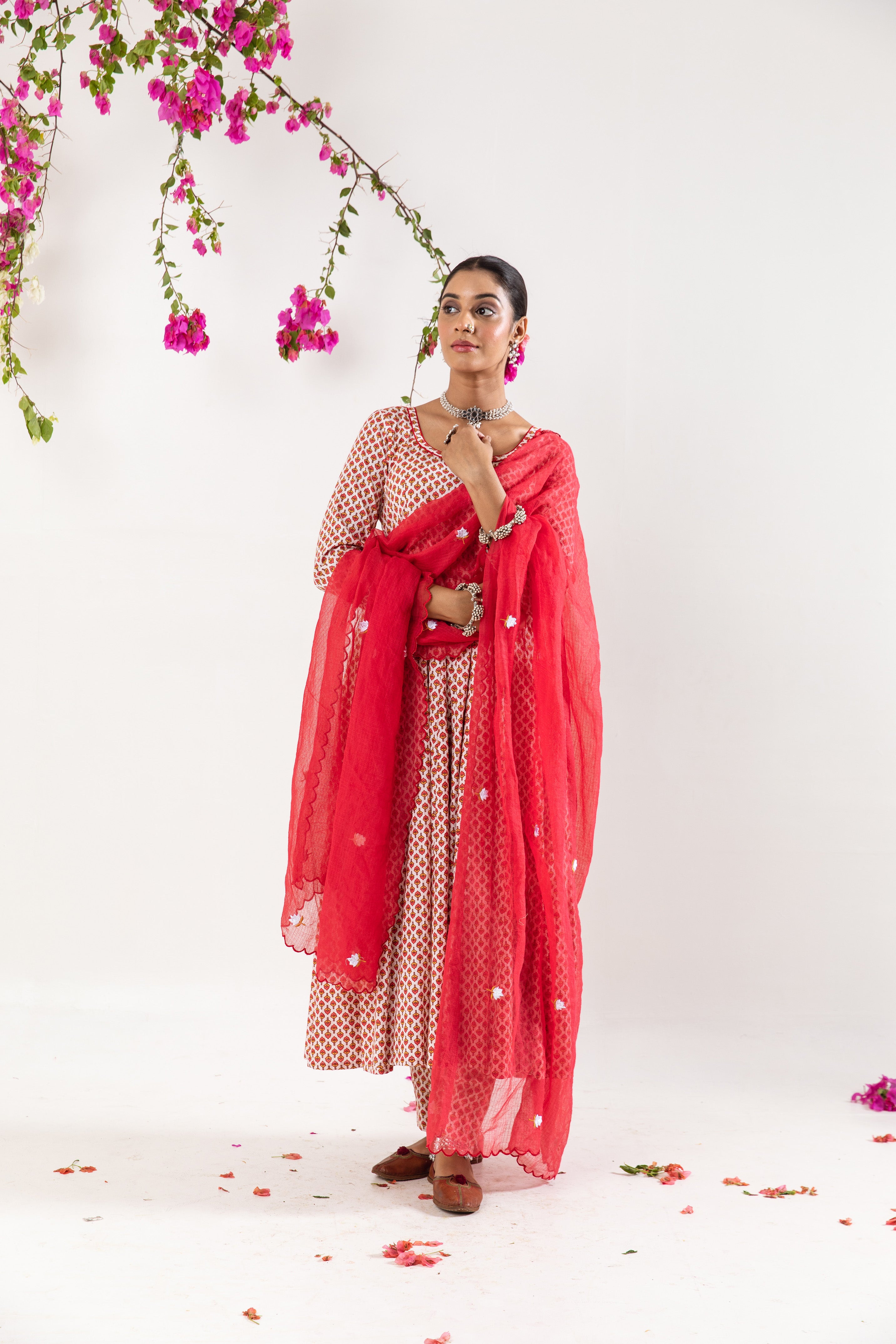 Red White Anarkali Set