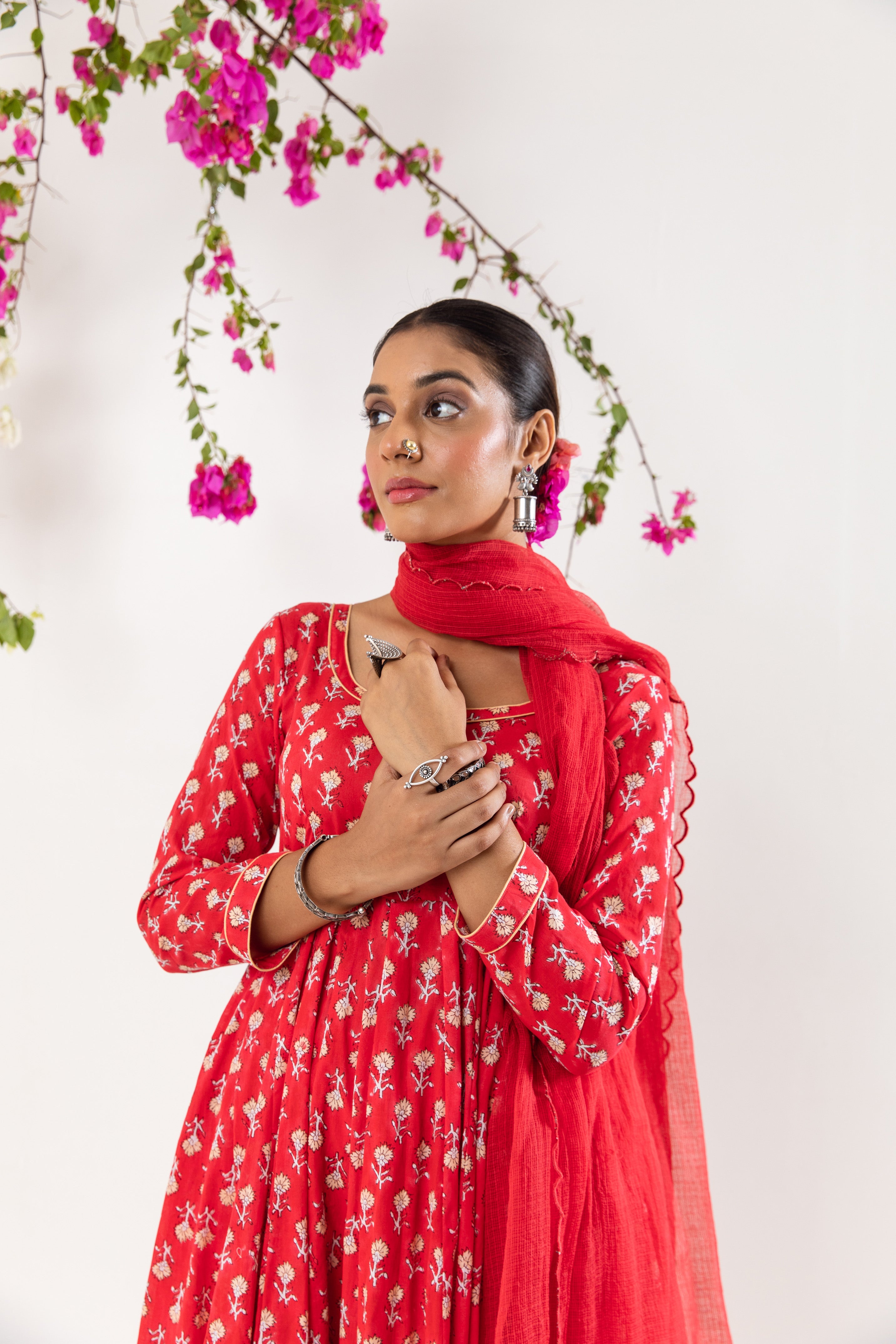 Red hand block Anrakali Set