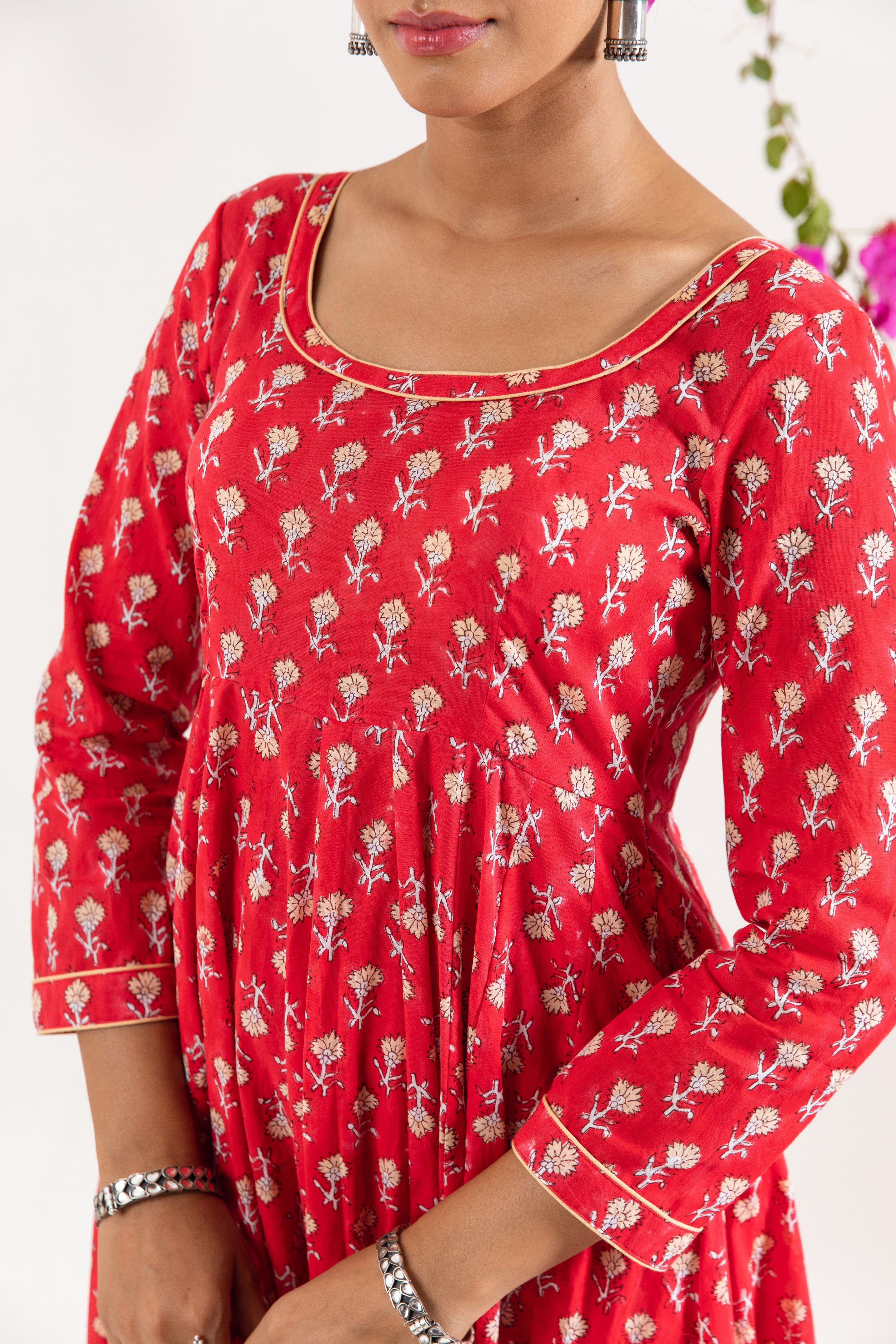 Red hand block Anrakali Set