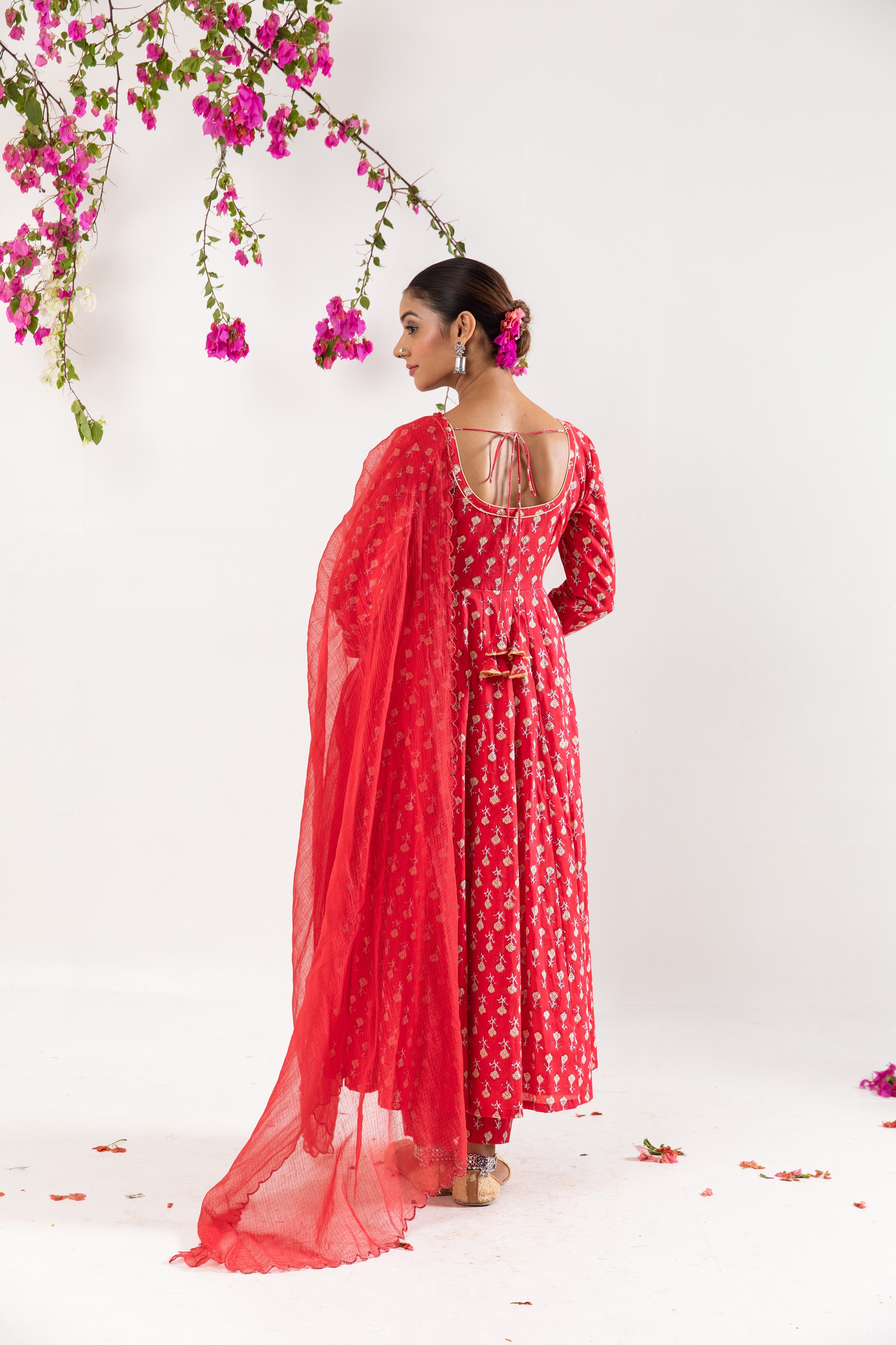 Red hand block Anrakali Set