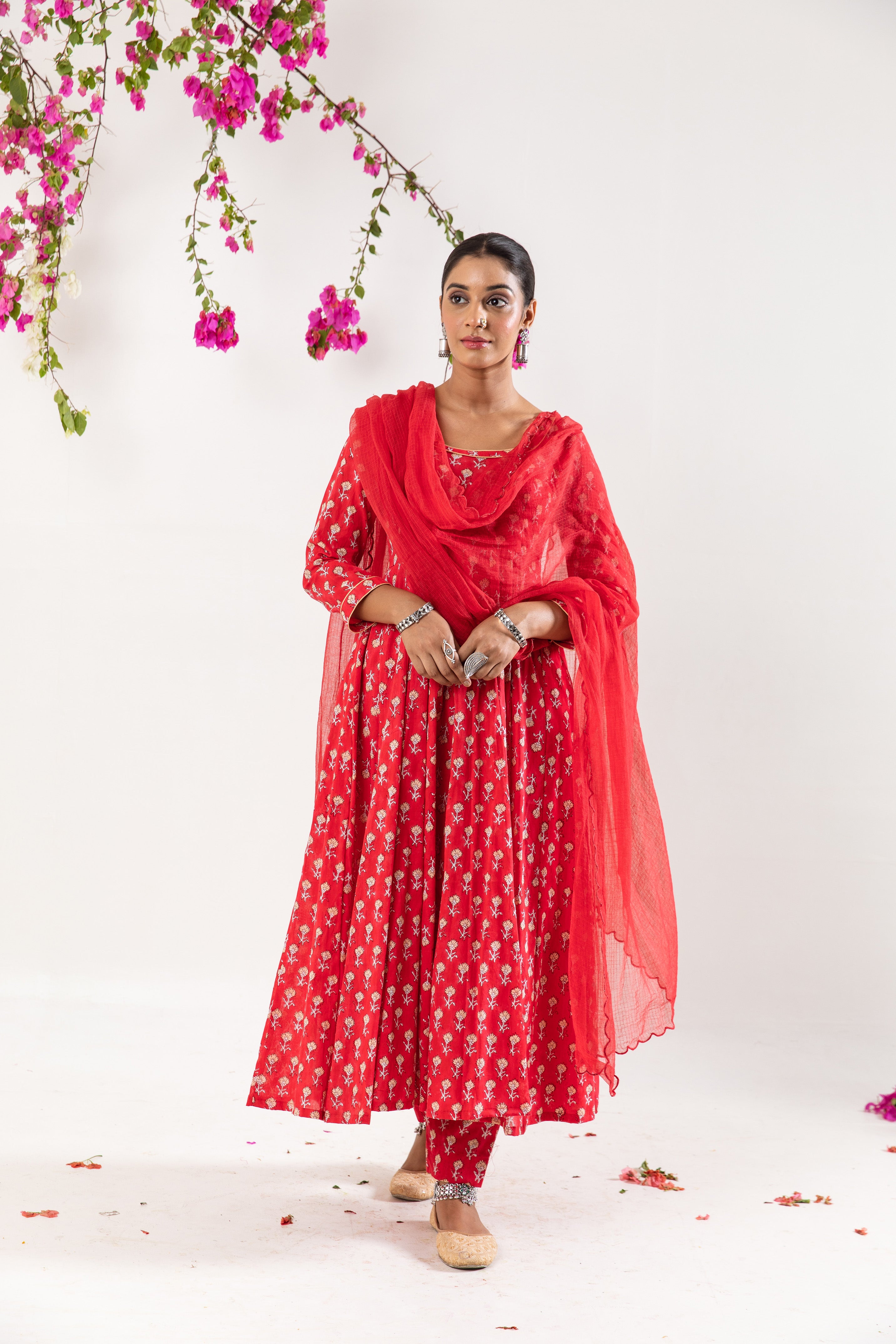 Red hand block Anrakali Set