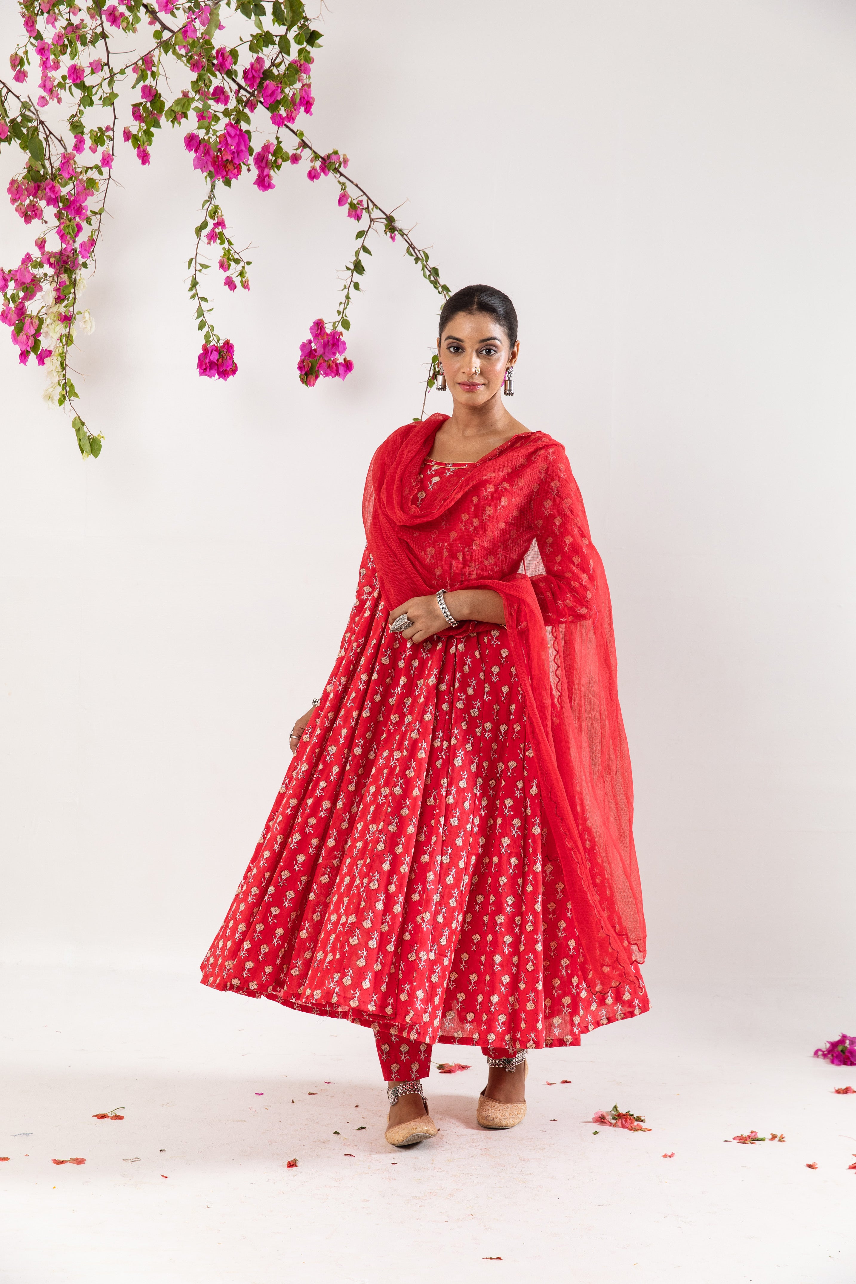 Red hand block Anrakali Set