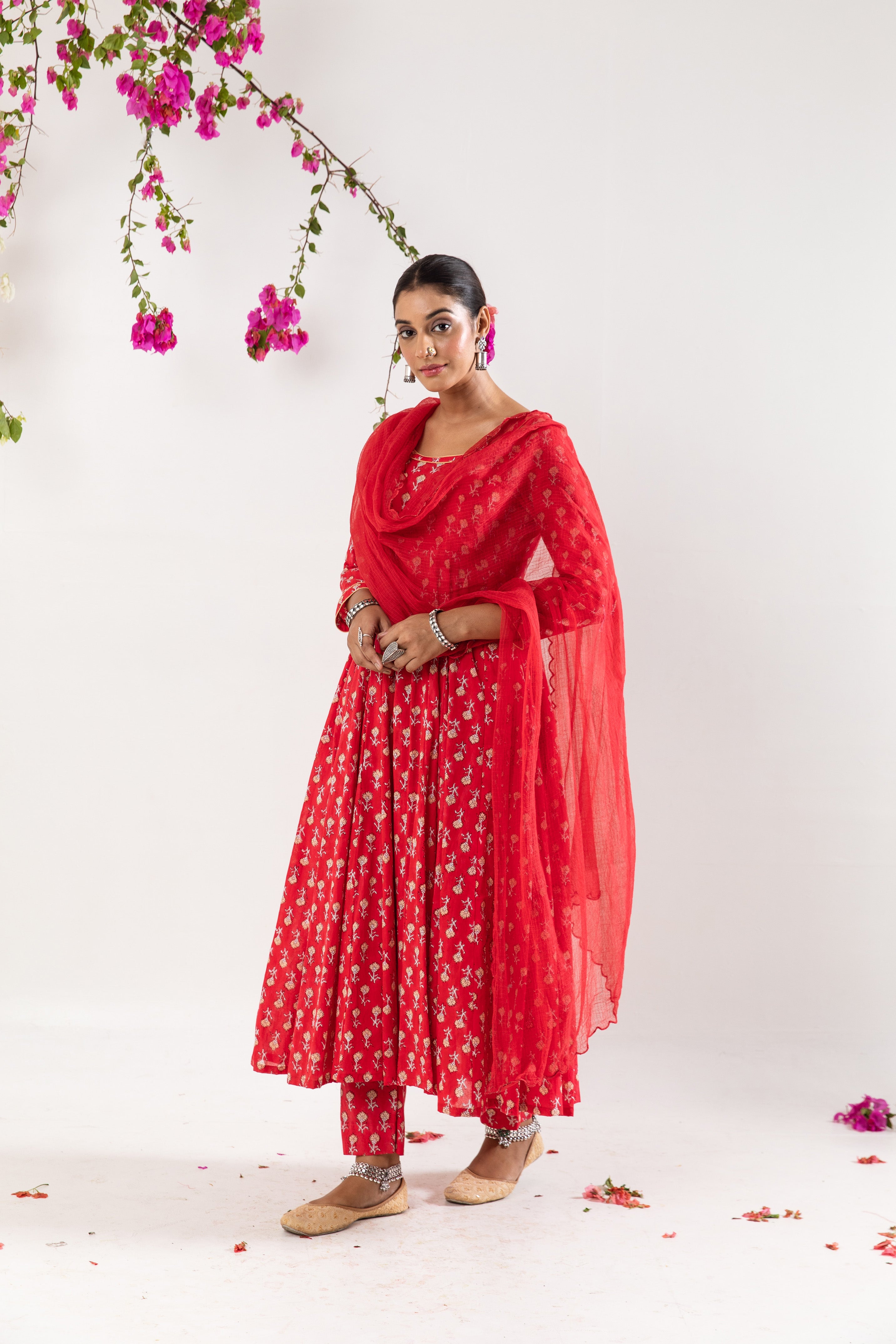 Red hand block Anrakali Set