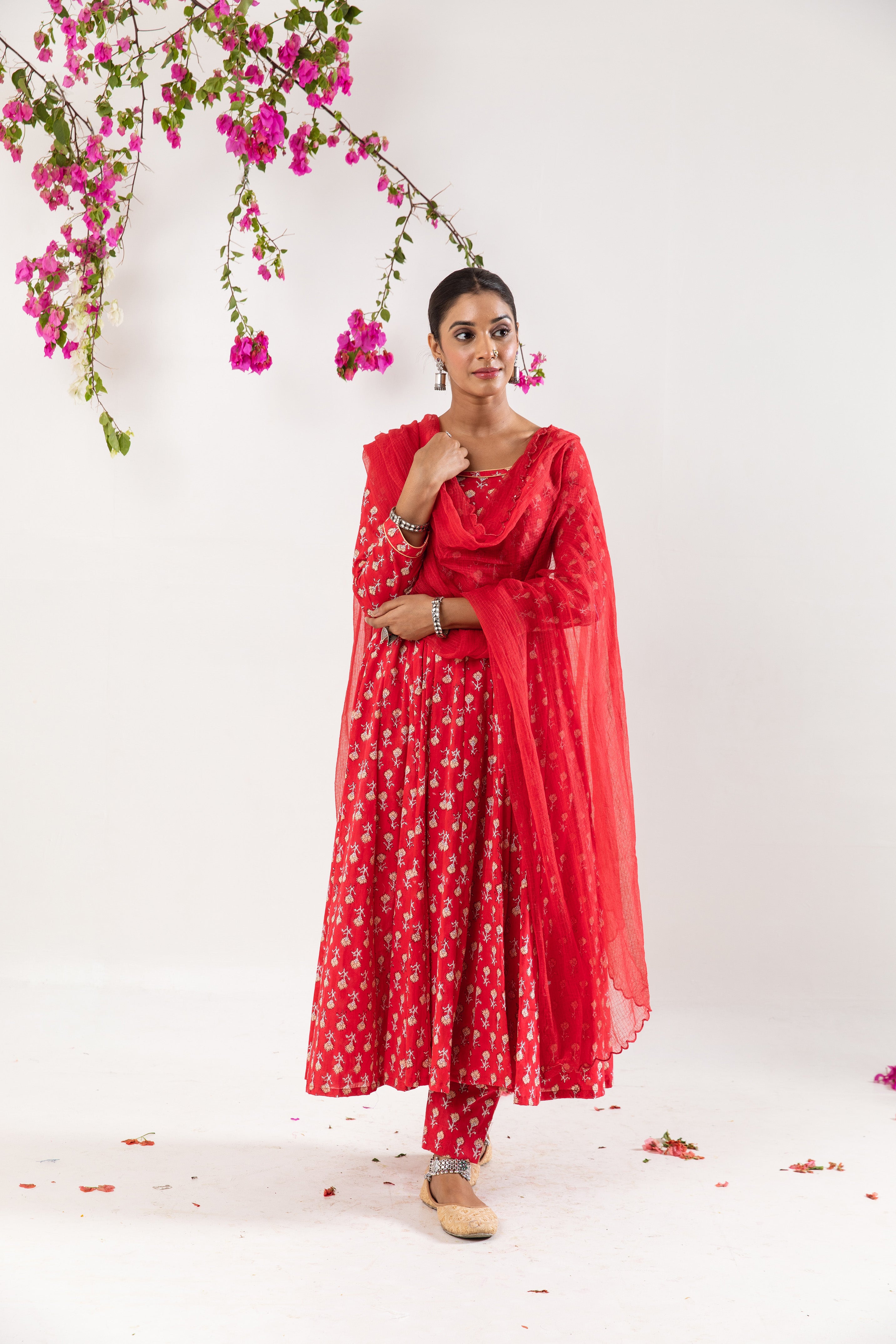 Red hand block Anrakali Set