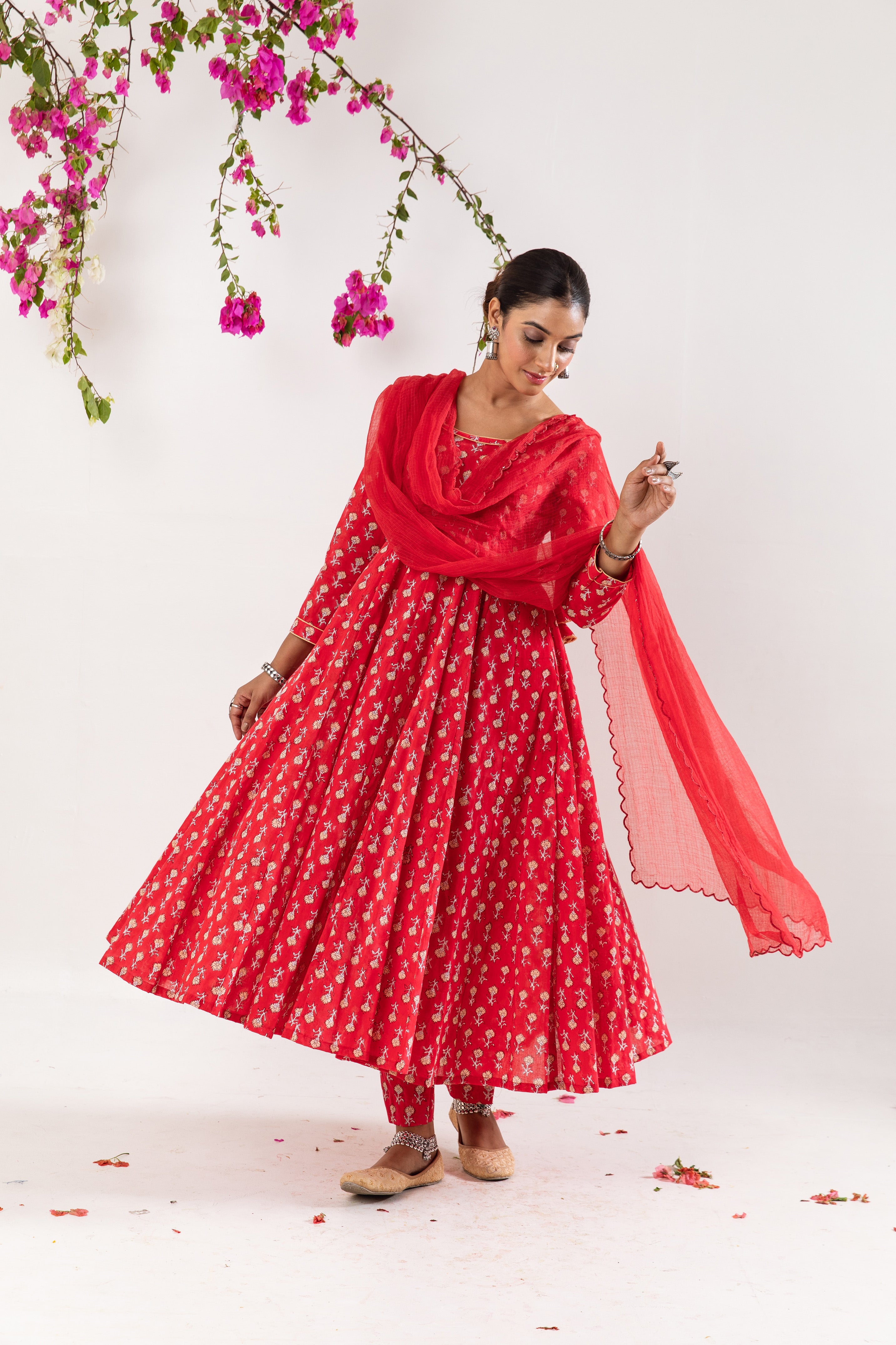 Red hand block Anrakali Set