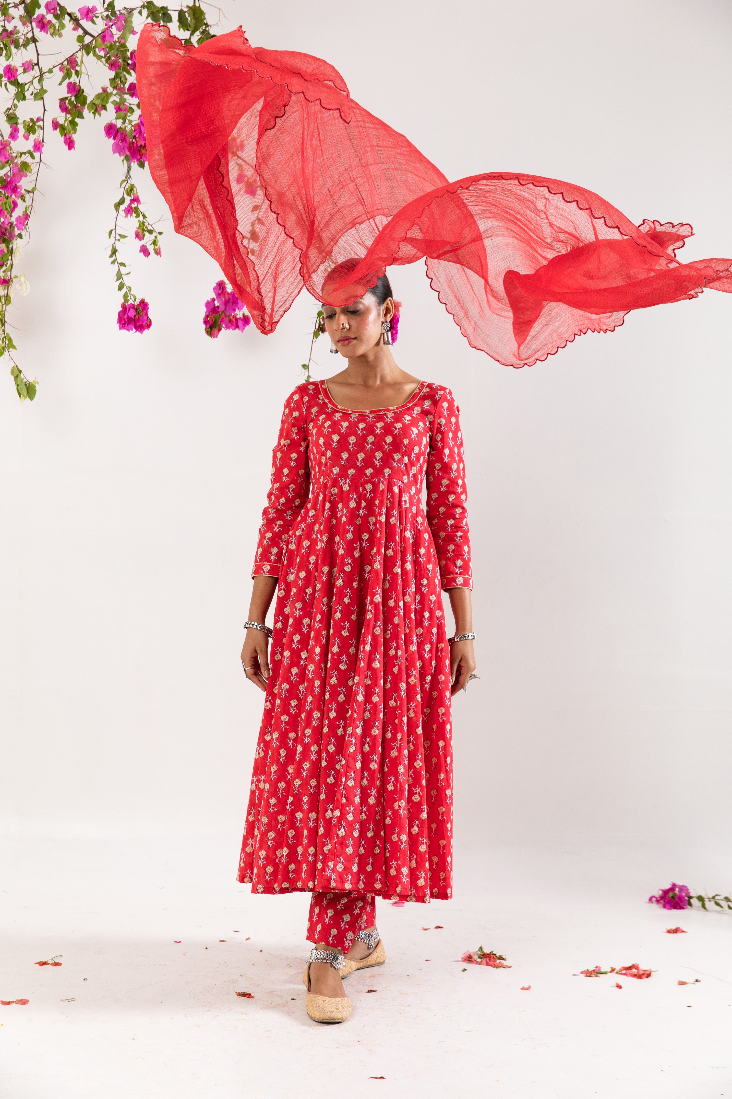 Red hand block Anrakali Set