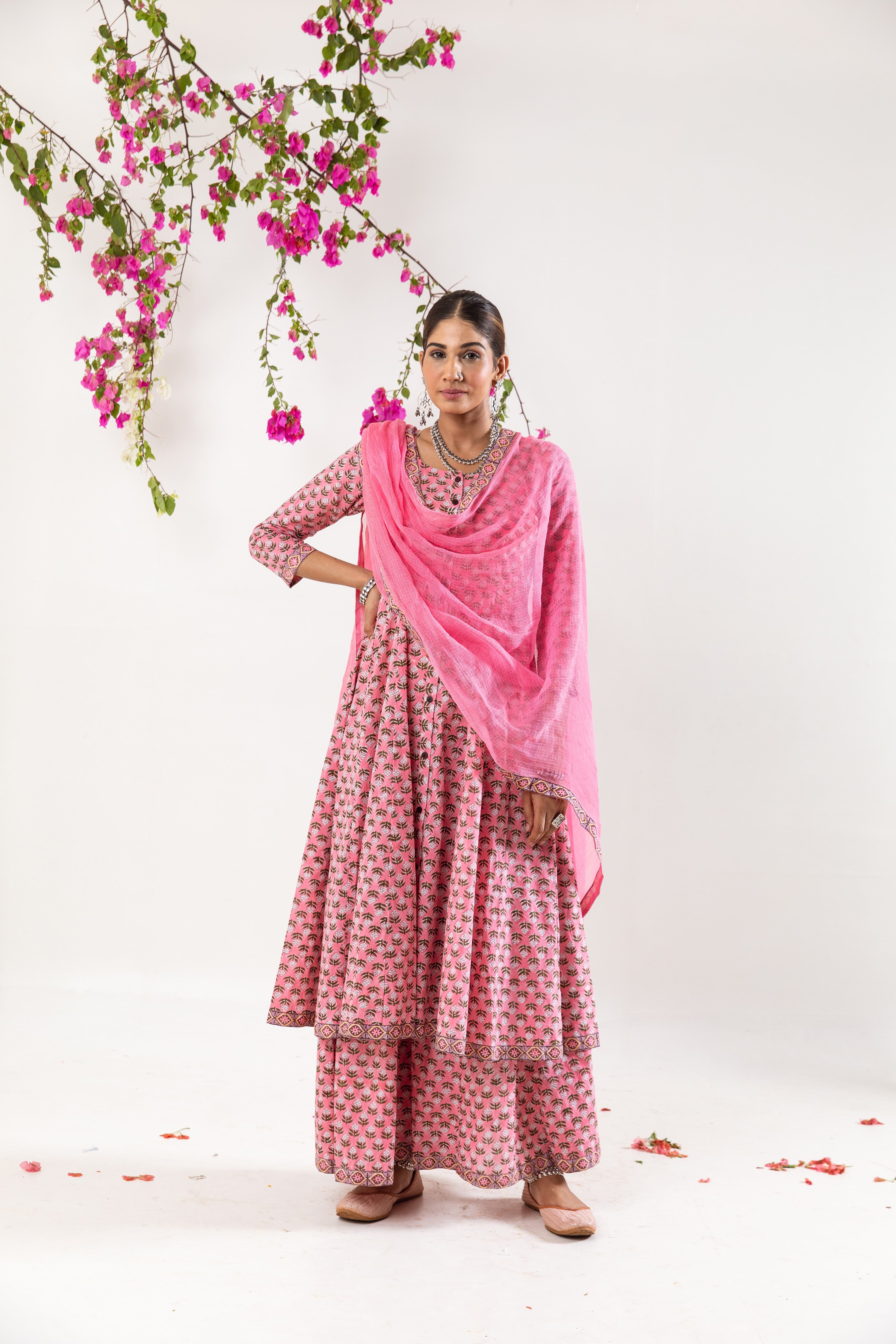 Pink hand block Kalidar Set
