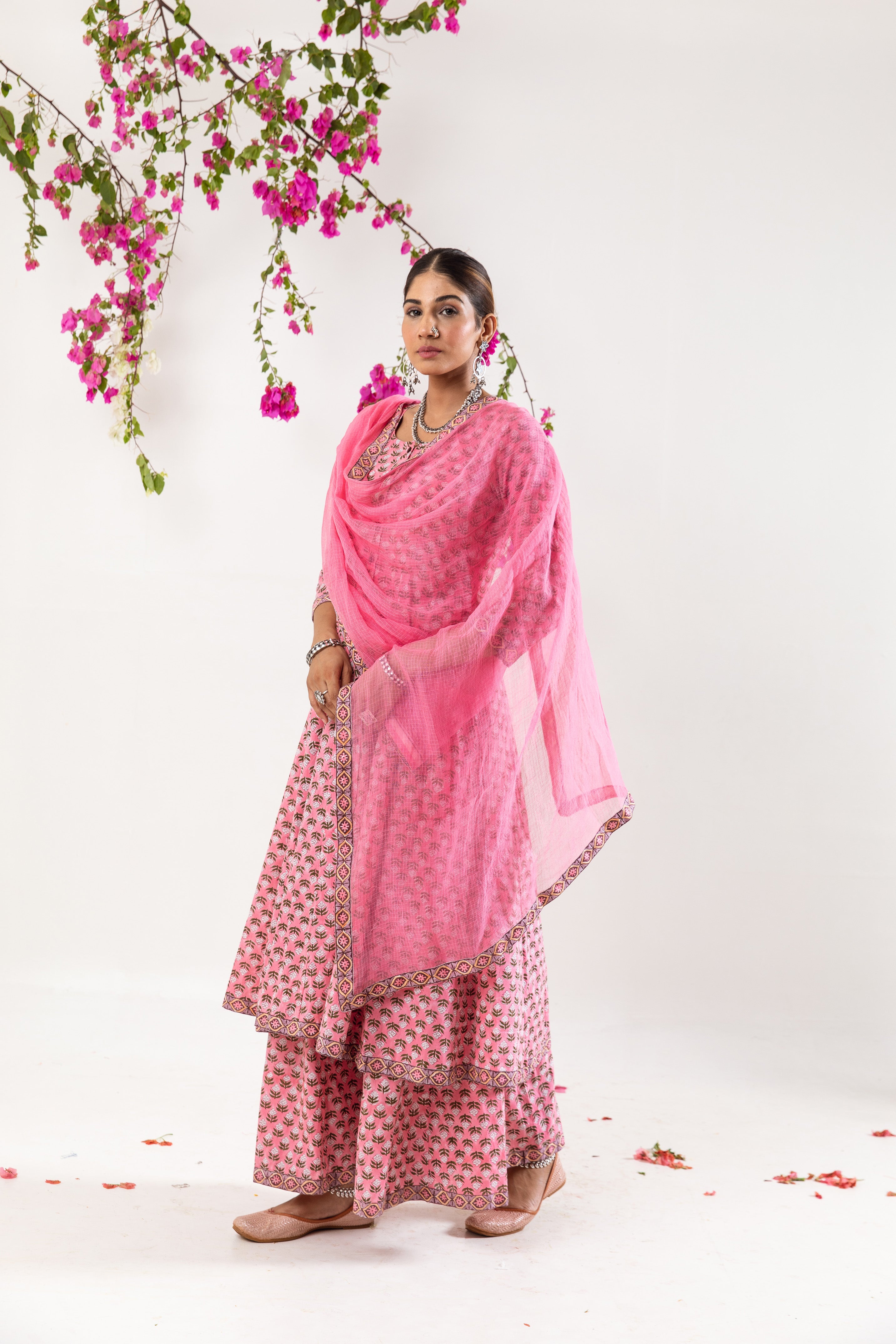 Pink hand block Kalidar Set