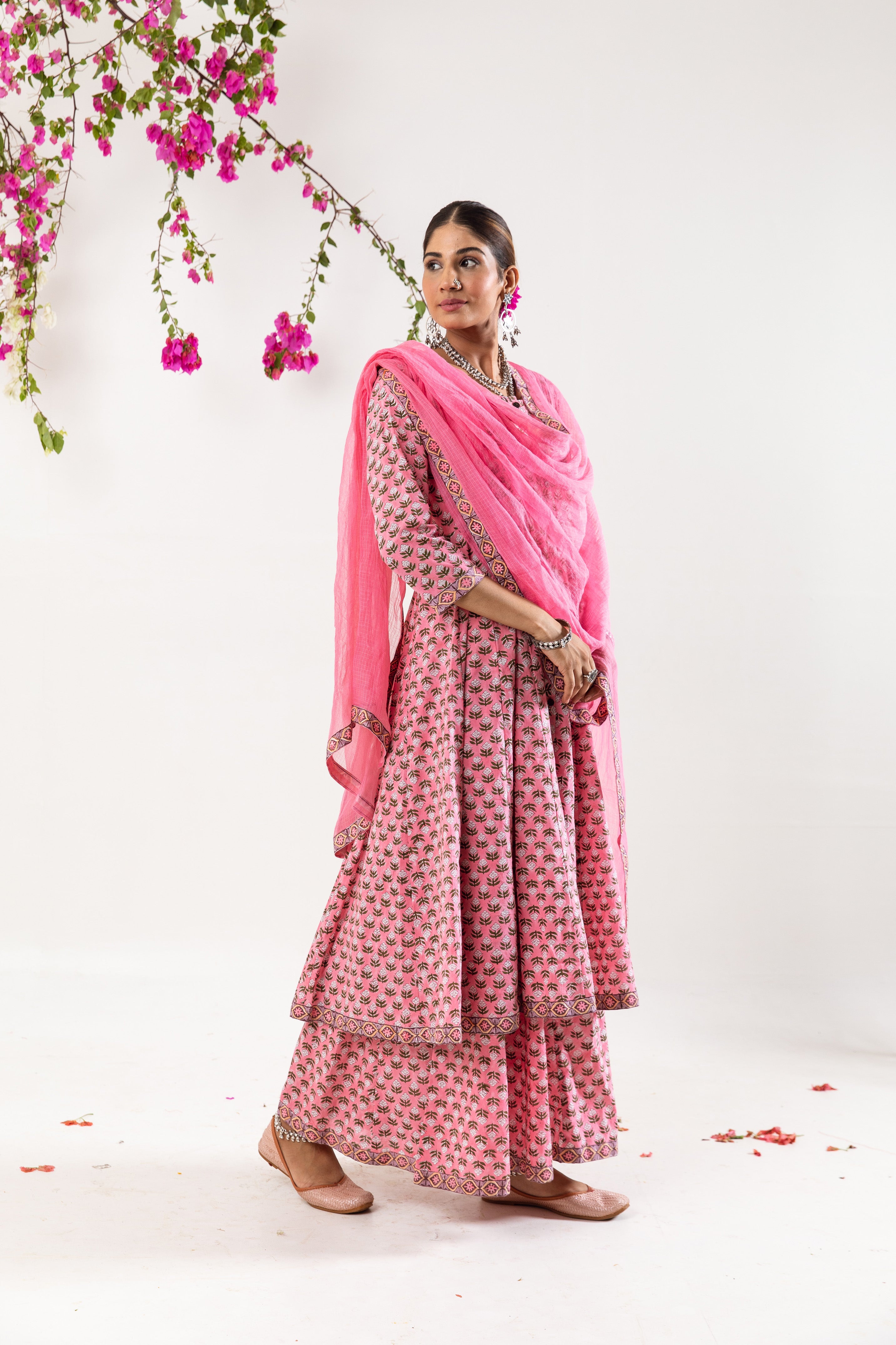 Pink hand block Kalidar Set